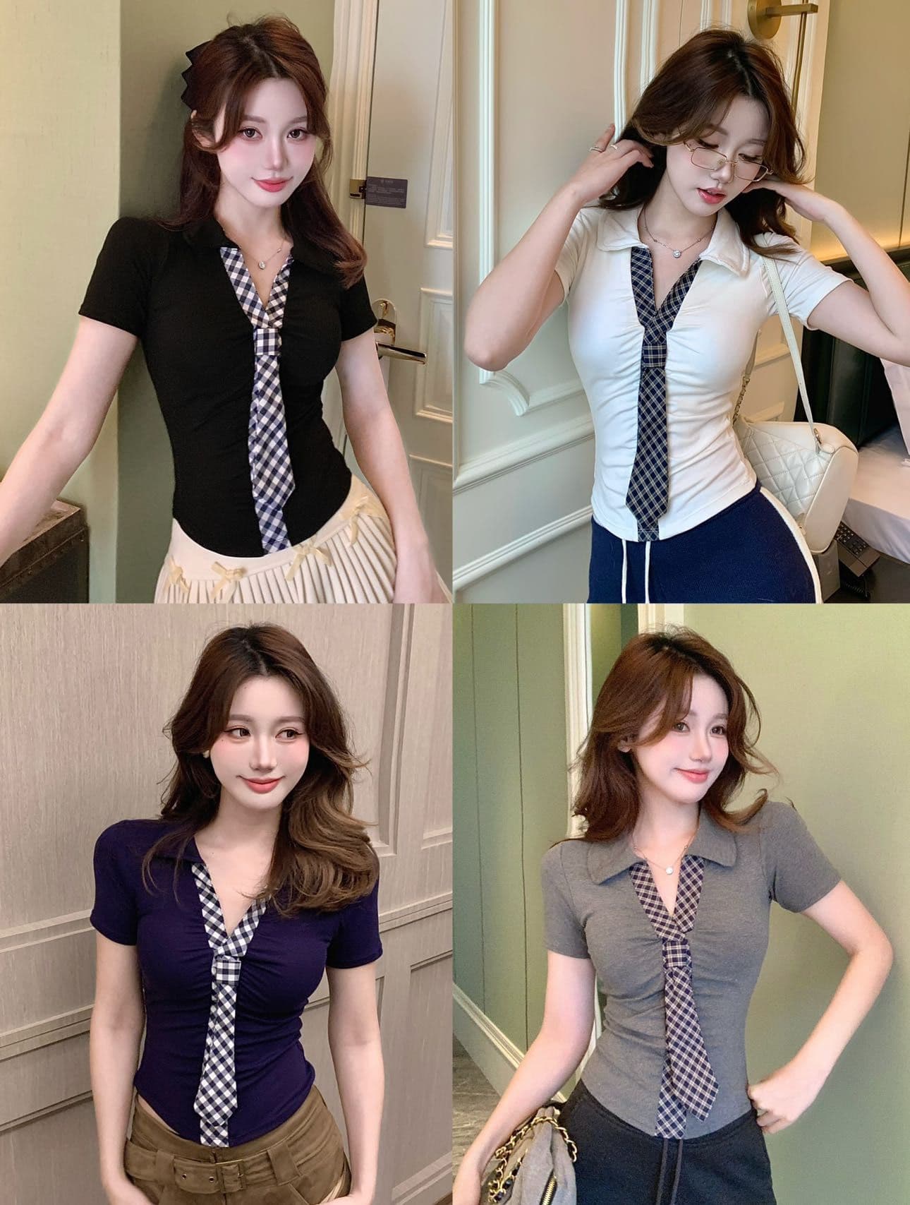 한 부서 체크무늬 넥타이 반팔 몸매 가꾸기 셔츠 티셔츠 여성 봄 여름 인사이드 가져 가라. 수 있습니다. 외출용 벨트 가슴 패드 핫걸 바람 맨위 상세 이미지 23