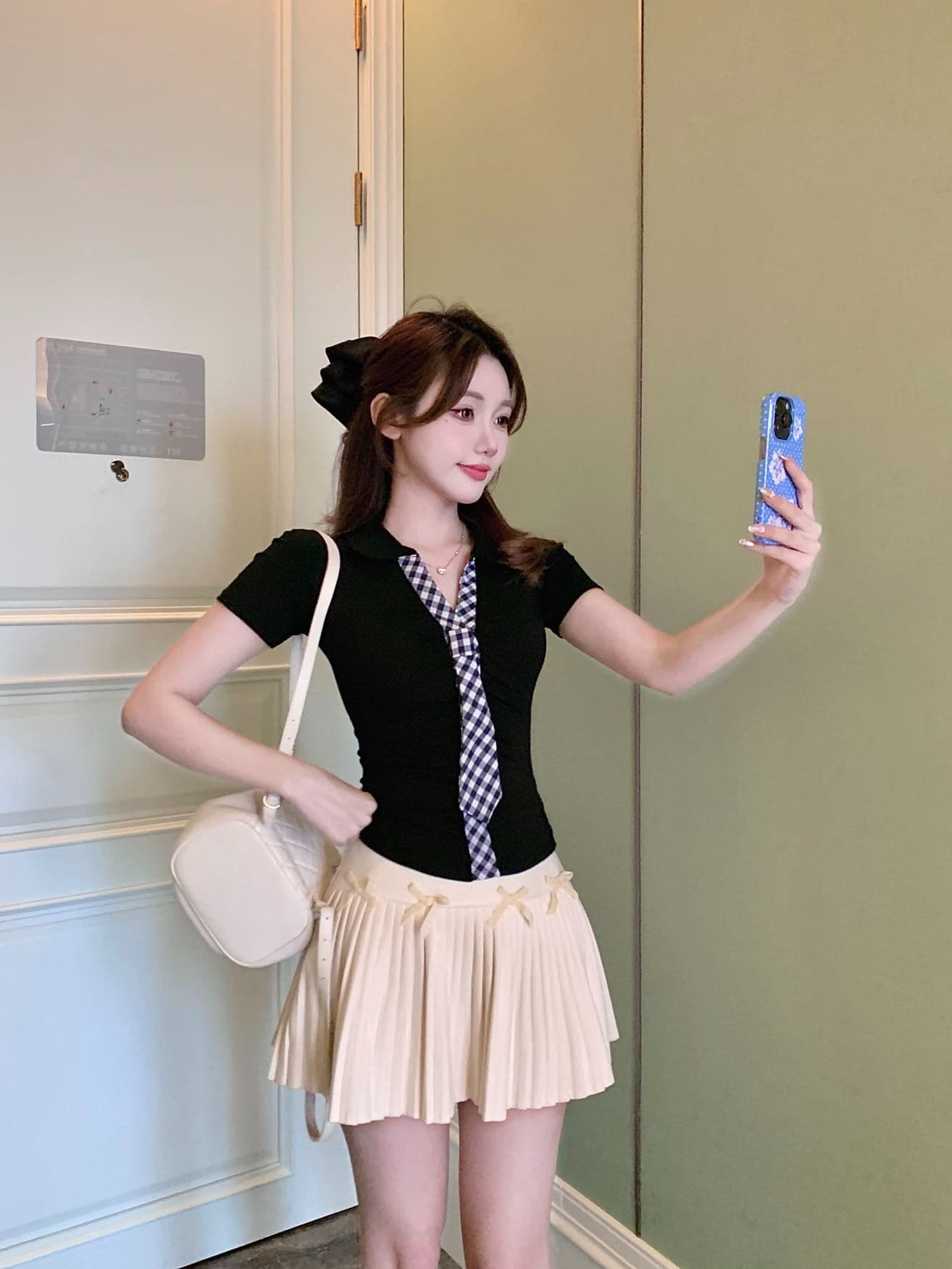한 부서 체크무늬 넥타이 반팔 몸매 가꾸기 셔츠 티셔츠 여성 봄 여름 인사이드 가져 가라. 수 있습니다. 외출용 벨트 가슴 패드 핫걸 바람 맨위 상세 이미지 24