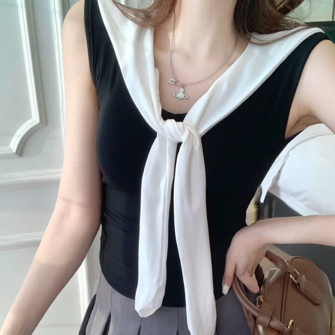 학원 스타일 해군 칼라 배색 레이스업 민소매 조끼 여성 인사이드 가져 가라. 외출용 벨트 가슴 패드 몸매 가꾸기 맨위 이미지 3