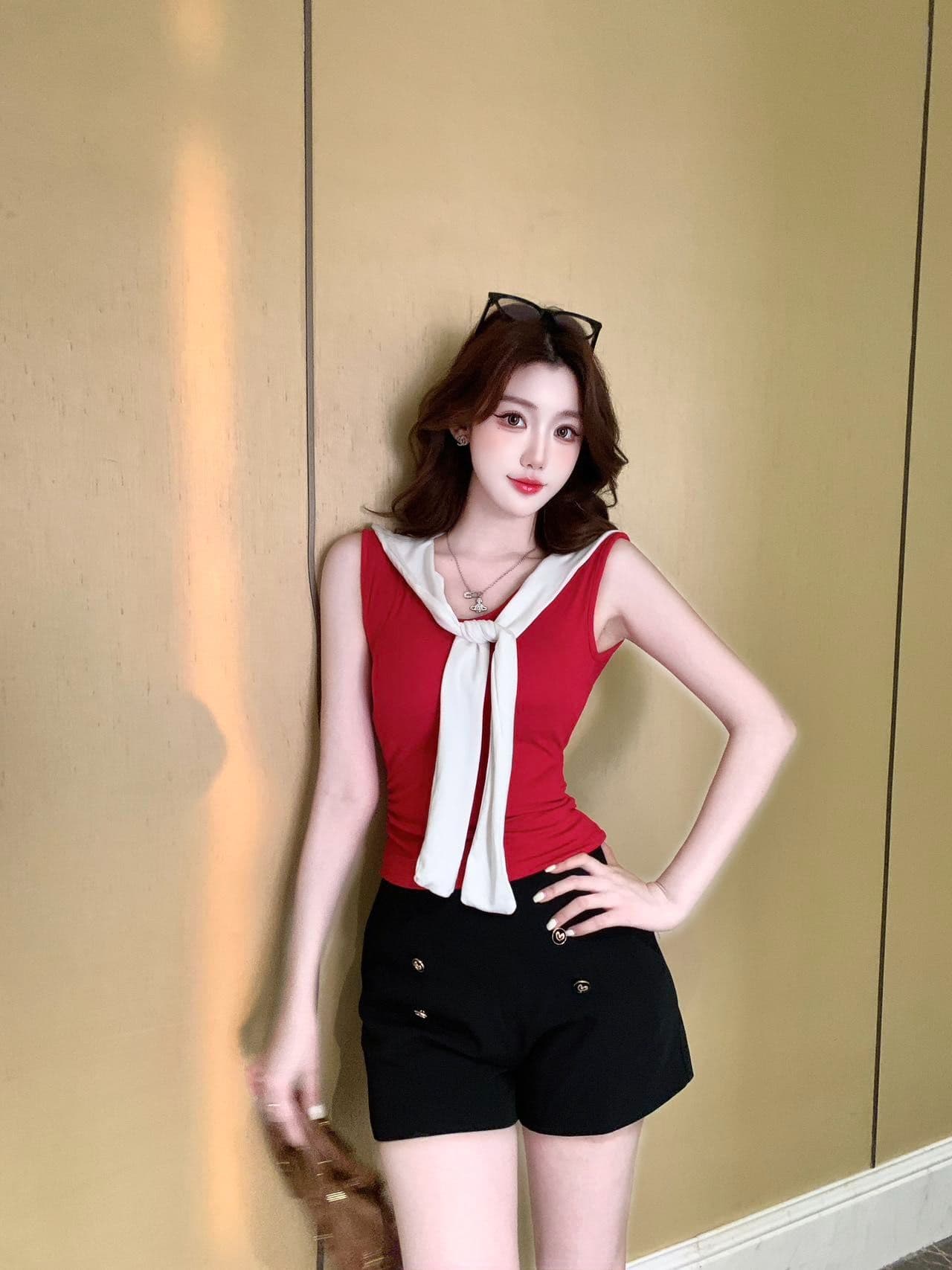 학원 스타일 해군 칼라 배색 레이스업 민소매 조끼 여성 인사이드 가져 가라. 외출용 벨트 가슴 패드 몸매 가꾸기 맨위 상세 이미지 5