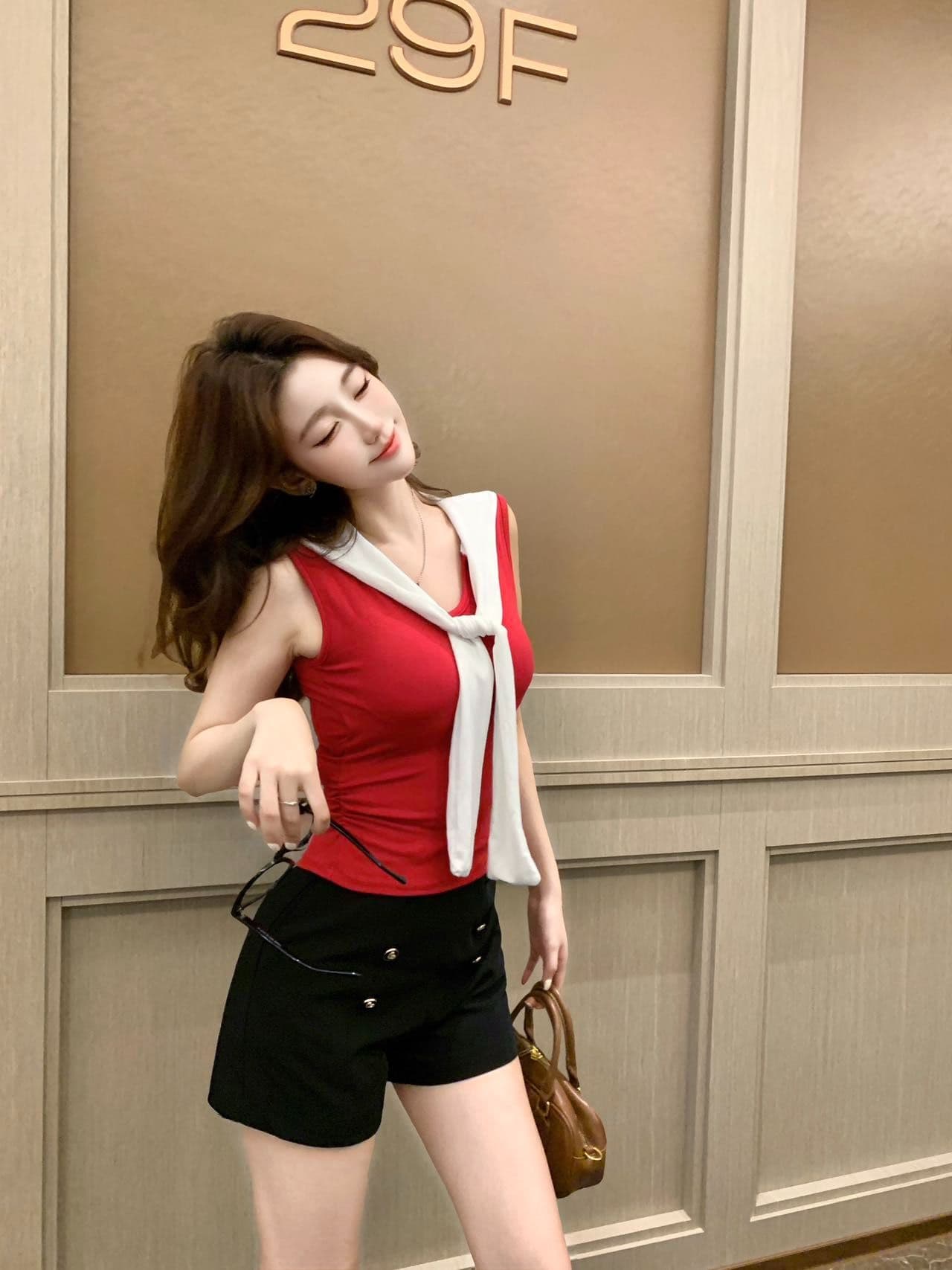 학원 스타일 해군 칼라 배색 레이스업 민소매 조끼 여성 인사이드 가져 가라. 외출용 벨트 가슴 패드 몸매 가꾸기 맨위 상세 이미지 6