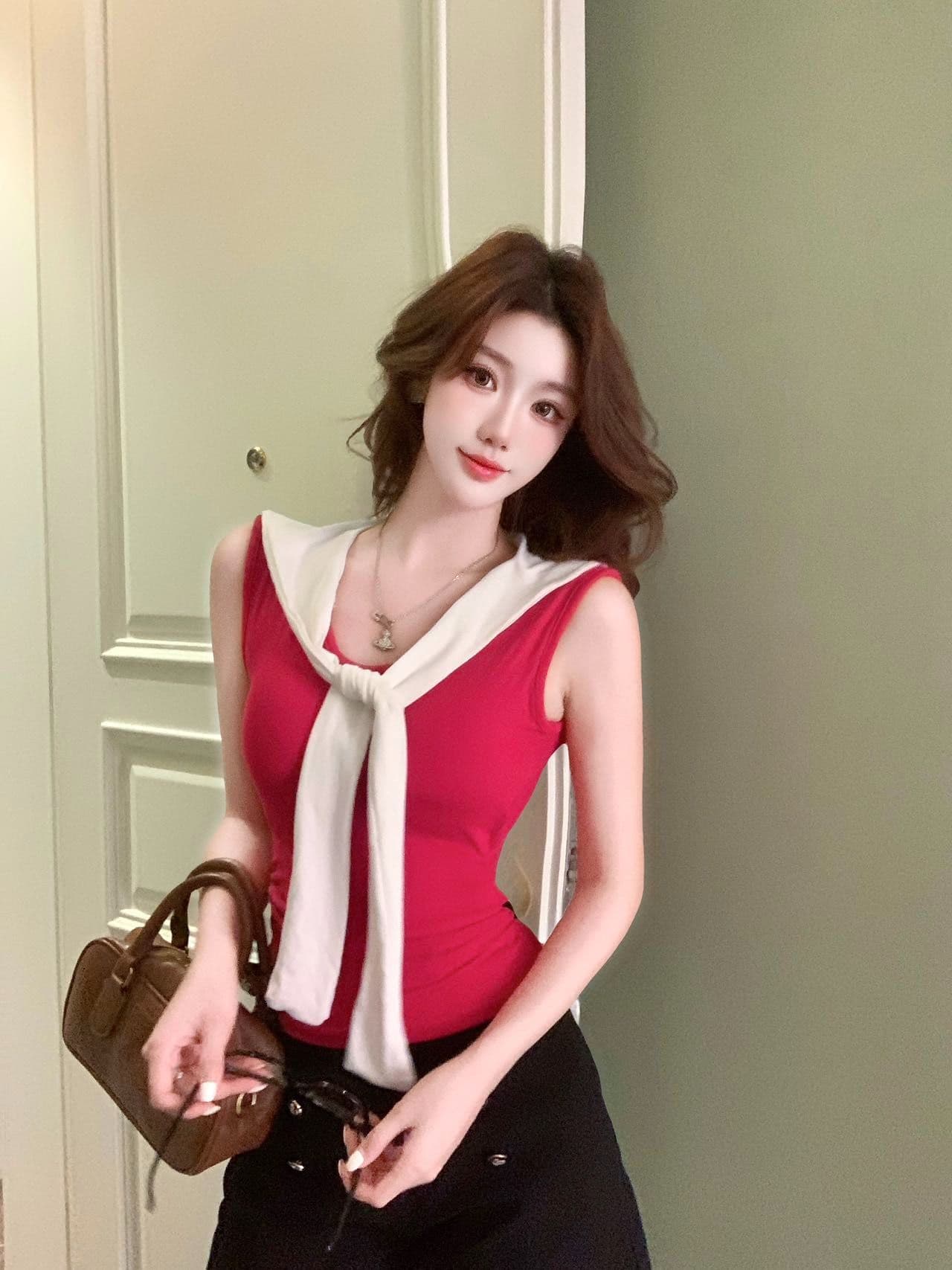 학원 스타일 해군 칼라 배색 레이스업 민소매 조끼 여성 인사이드 가져 가라. 외출용 벨트 가슴 패드 몸매 가꾸기 맨위 상세 이미지 7