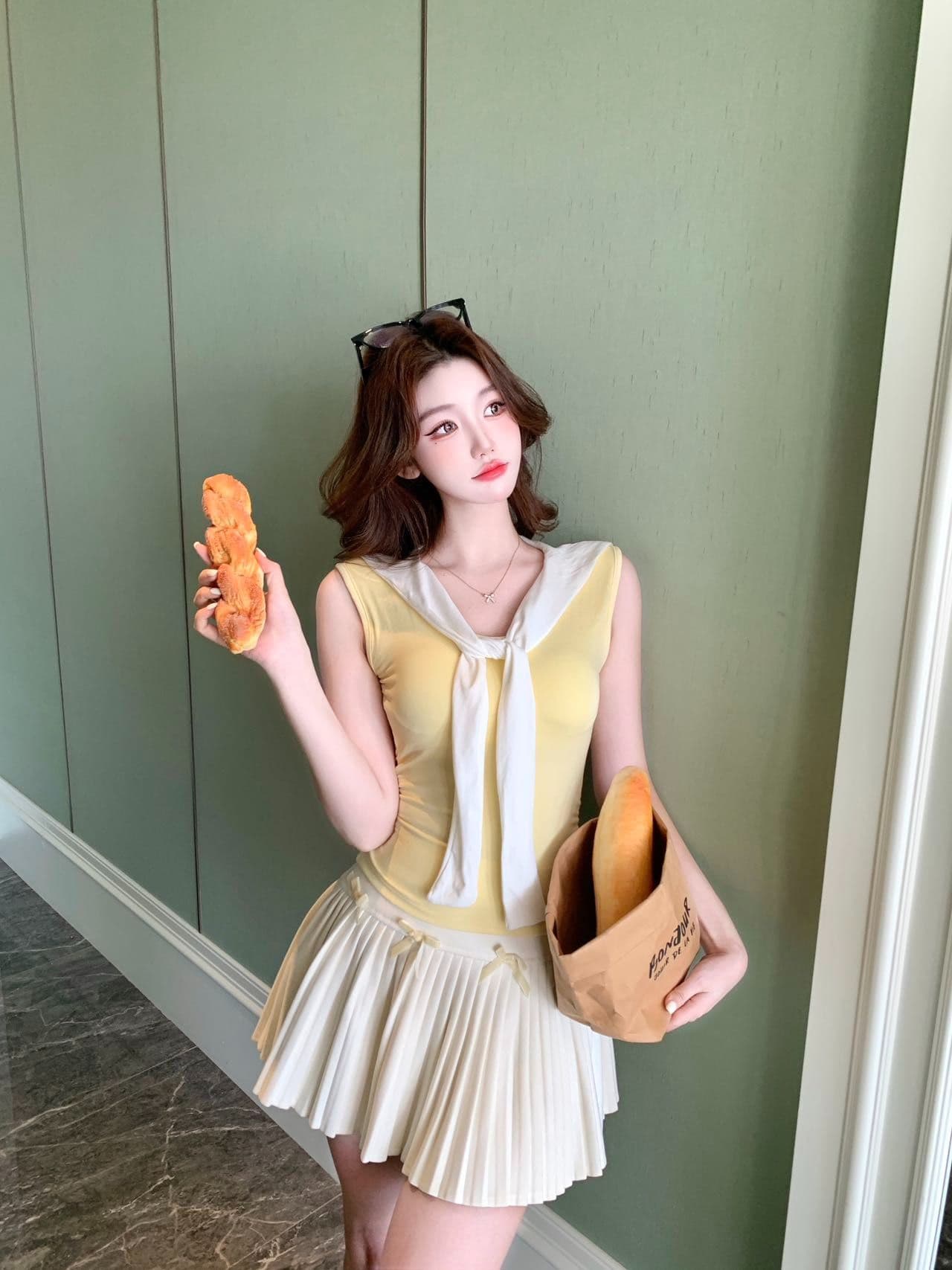 학원 스타일 해군 칼라 배색 레이스업 민소매 조끼 여성 인사이드 가져 가라. 외출용 벨트 가슴 패드 몸매 가꾸기 맨위 상세 이미지 12