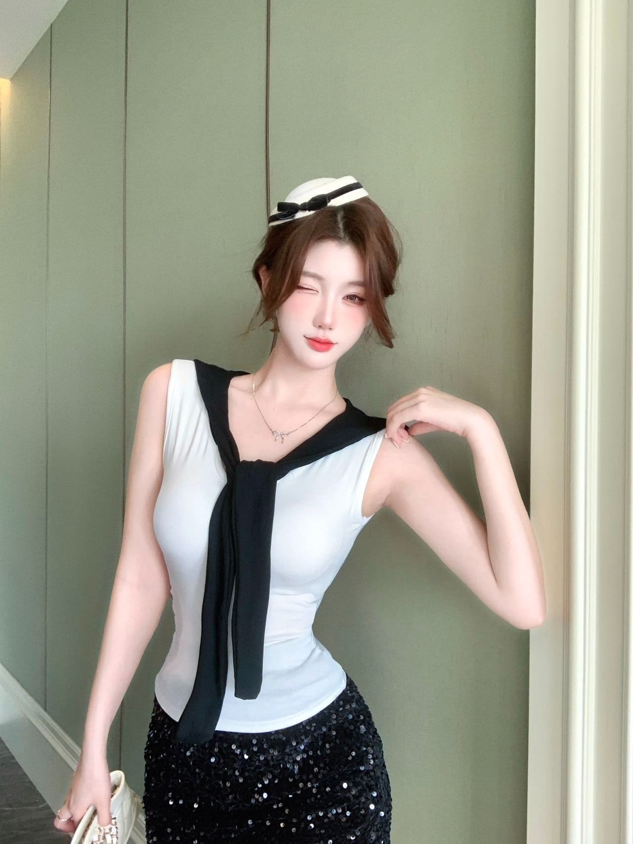학원 스타일 해군 칼라 배색 레이스업 민소매 조끼 여성 인사이드 가져 가라. 외출용 벨트 가슴 패드 몸매 가꾸기 맨위 상세 이미지 16