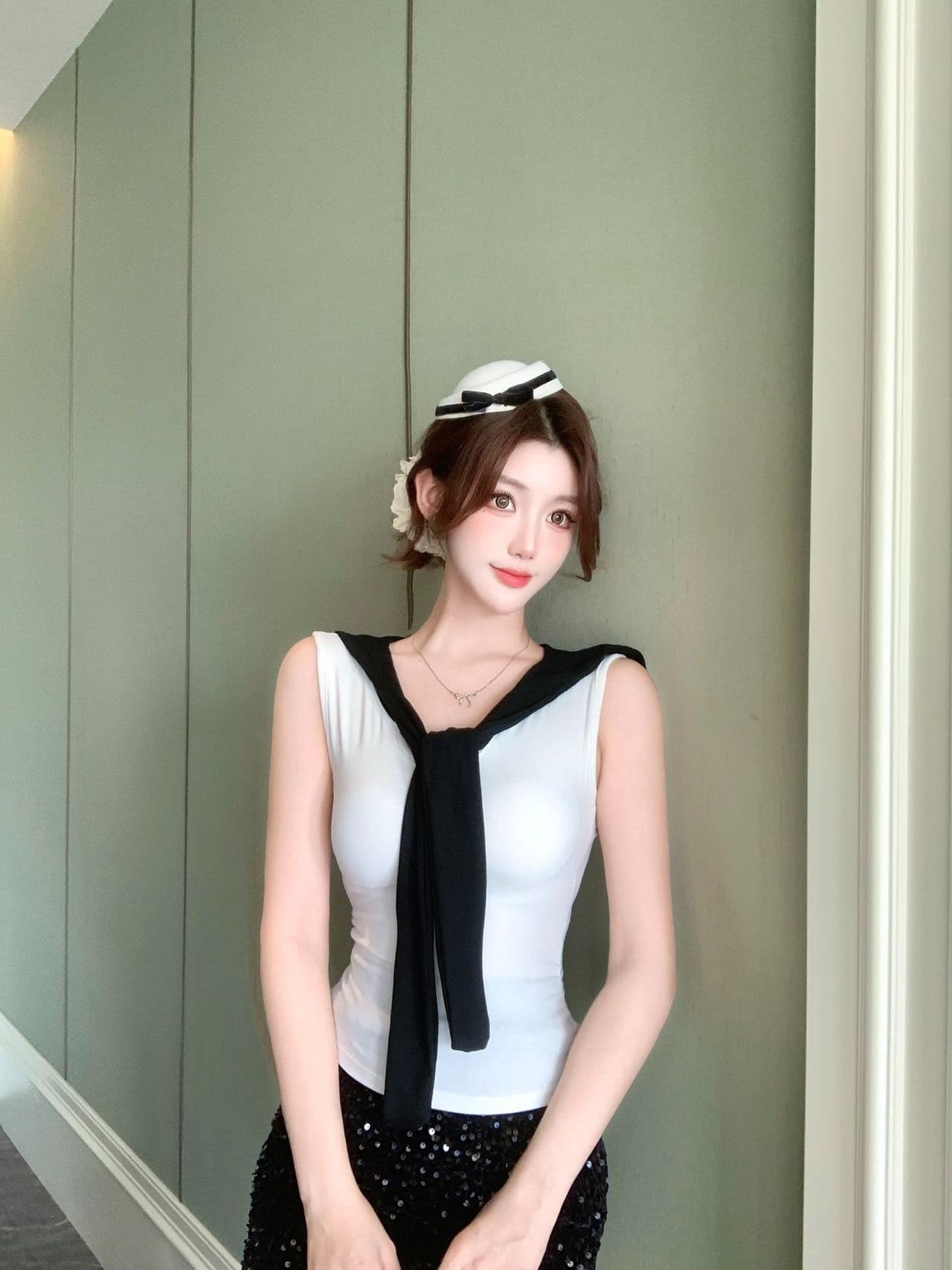 학원 스타일 해군 칼라 배색 레이스업 민소매 조끼 여성 인사이드 가져 가라. 외출용 벨트 가슴 패드 몸매 가꾸기 맨위 상세 이미지 17