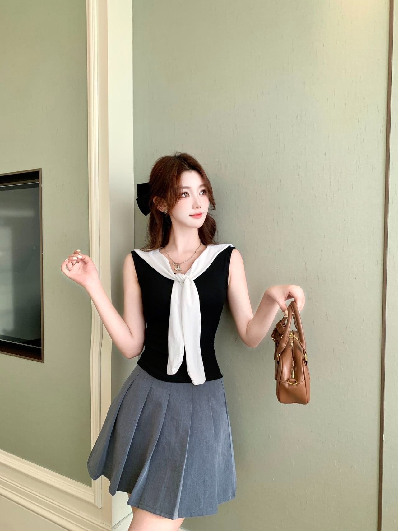 학원 스타일 해군 칼라 배색 레이스업 민소매 조끼 여성 인사이드 가져 가라. 외출용 벨트 가슴 패드 몸매 가꾸기 맨위 상세 이미지 23