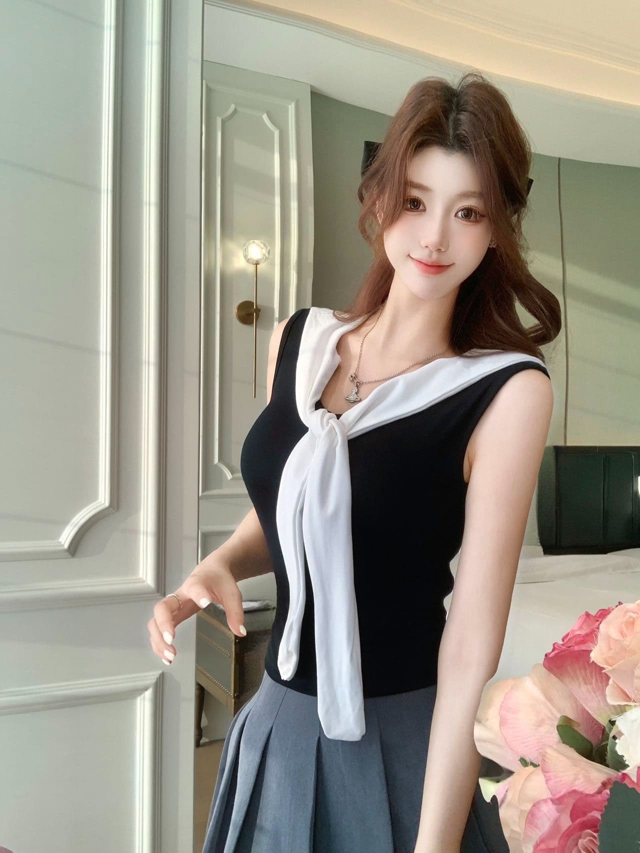 학원 스타일 해군 칼라 배색 레이스업 민소매 조끼 여성 인사이드 가져 가라. 외출용 벨트 가슴 패드 몸매 가꾸기 맨위 상세 이미지 24