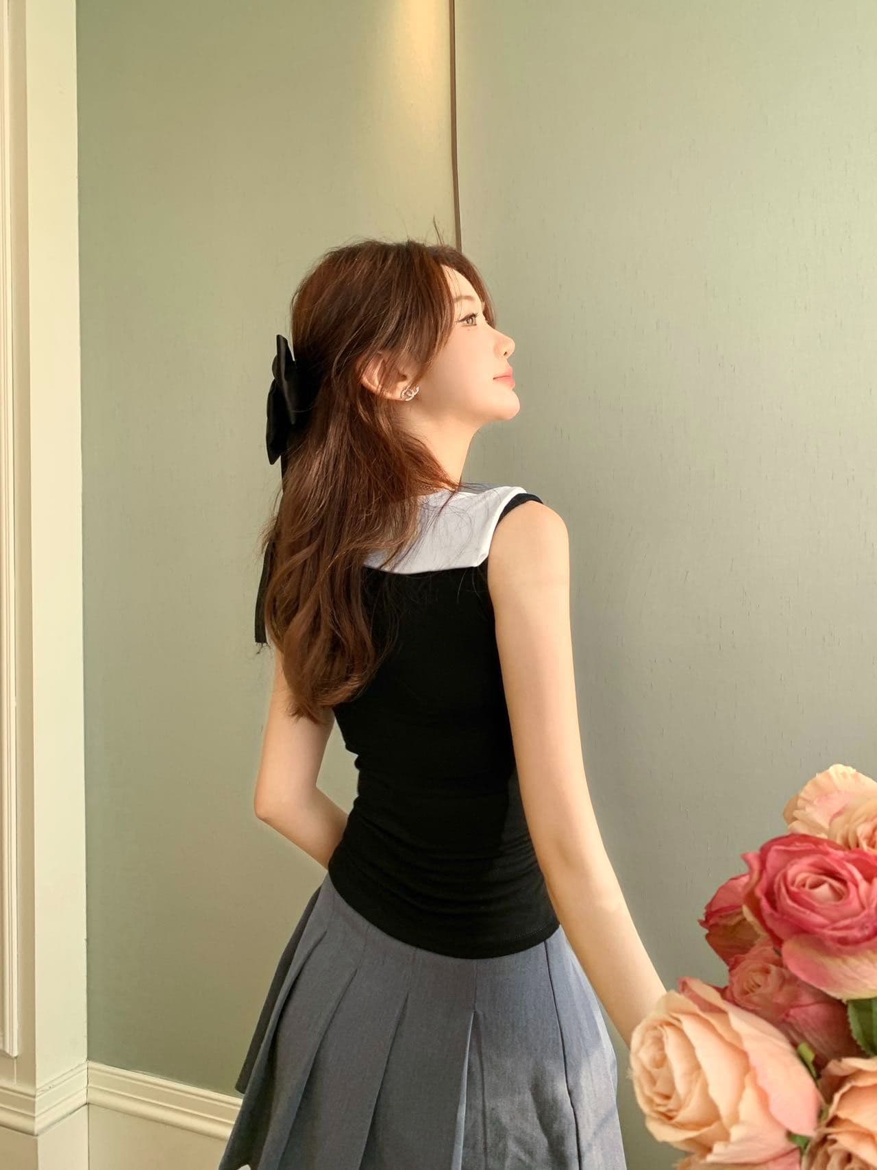 학원 스타일 해군 칼라 배색 레이스업 민소매 조끼 여성 인사이드 가져 가라. 외출용 벨트 가슴 패드 몸매 가꾸기 맨위 상세 이미지 29