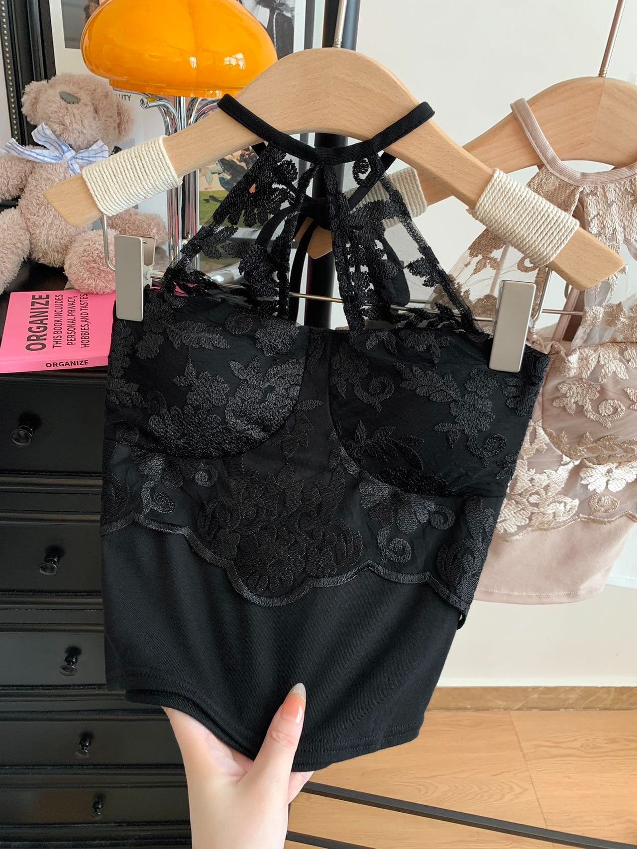 레이스 행침 목 캐미솔 외출용 벨트 가슴 패드 섹시함 핫걸 순수한 욕망 인사이드 가져 가라. 기본 셔츠 맨위 상세 이미지 8
