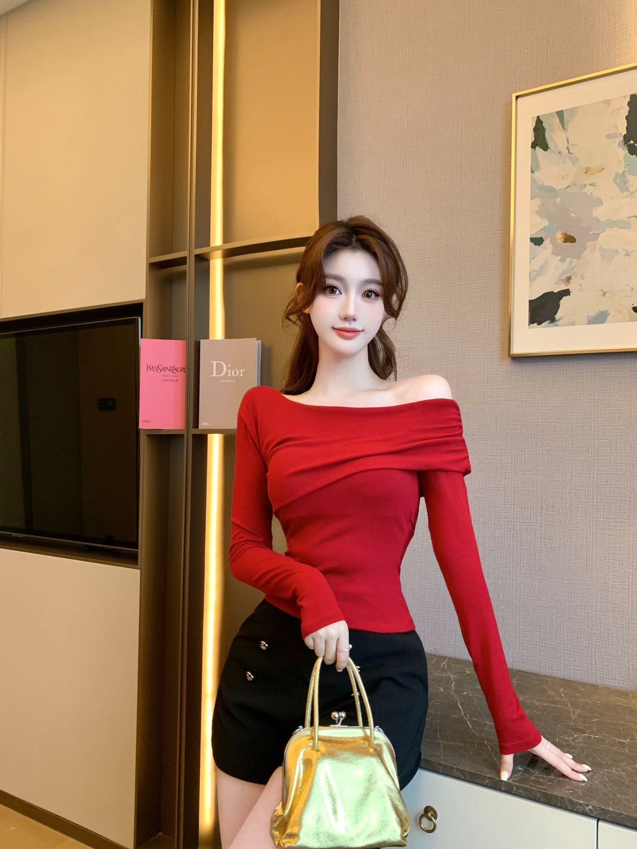 긴팔 비스듬한 칼라 튜브탑 슬림해 보이는 오프숄더 섹시함 오프숄더 긴팔 맨위 핫걸 몸매 가꾸기 디자인 센스 티셔츠 상세 이미지 47