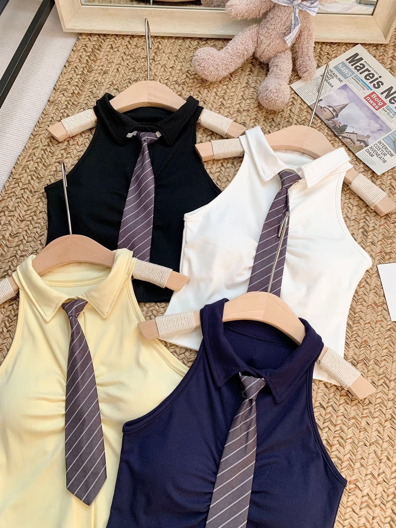 polo 체크무늬 넥타이 조끼 벨트 가슴 패드 학원 스타일 연령 감소 페이크 레이어드 민소매 티셔츠 여성 상세 이미지 1