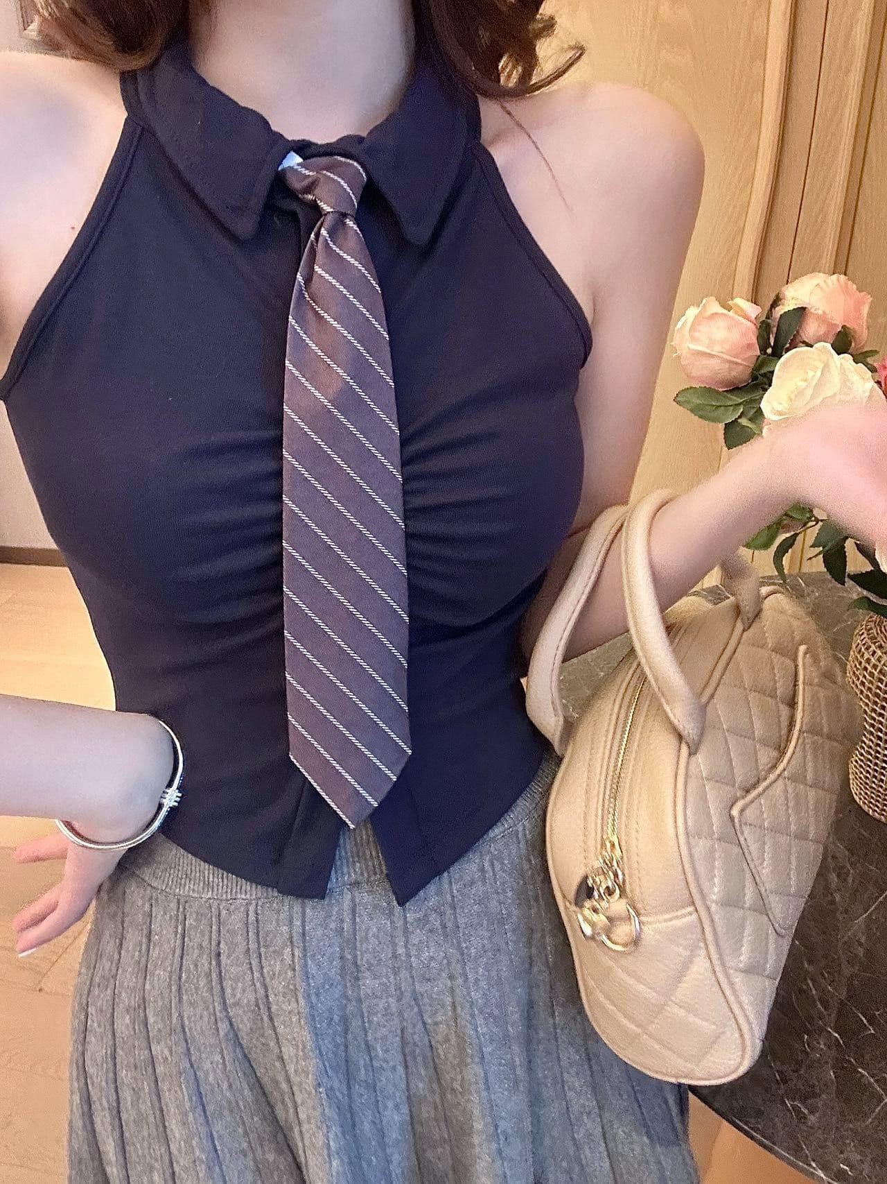 polo 체크무늬 넥타이 조끼 벨트 가슴 패드 학원 스타일 연령 감소 페이크 레이어드 민소매 티셔츠 여성 상세 이미지 4