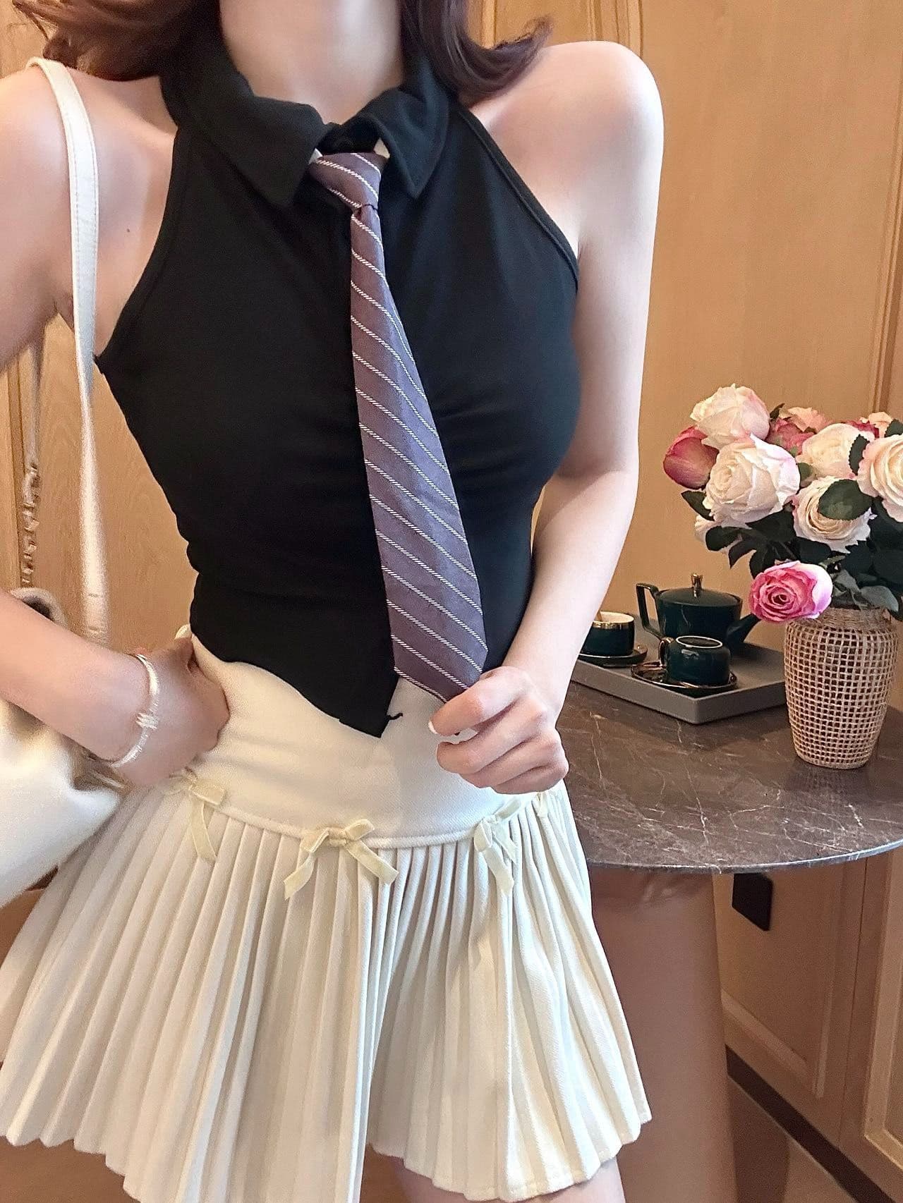 polo 체크무늬 넥타이 조끼 벨트 가슴 패드 학원 스타일 연령 감소 페이크 레이어드 민소매 티셔츠 여성 상세 이미지 5