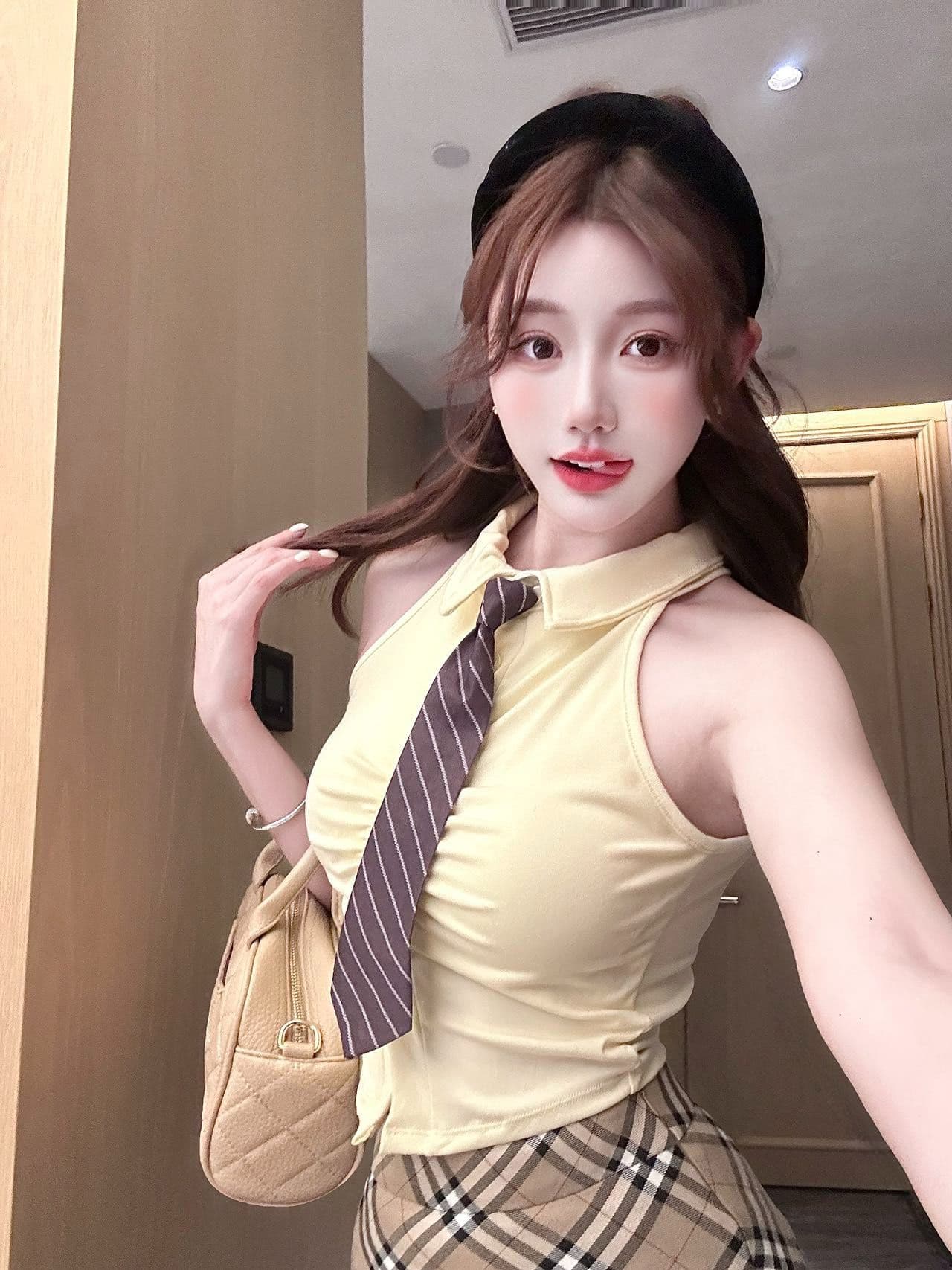 polo 체크무늬 넥타이 조끼 벨트 가슴 패드 학원 스타일 연령 감소 페이크 레이어드 민소매 티셔츠 여성 상세 이미지 11