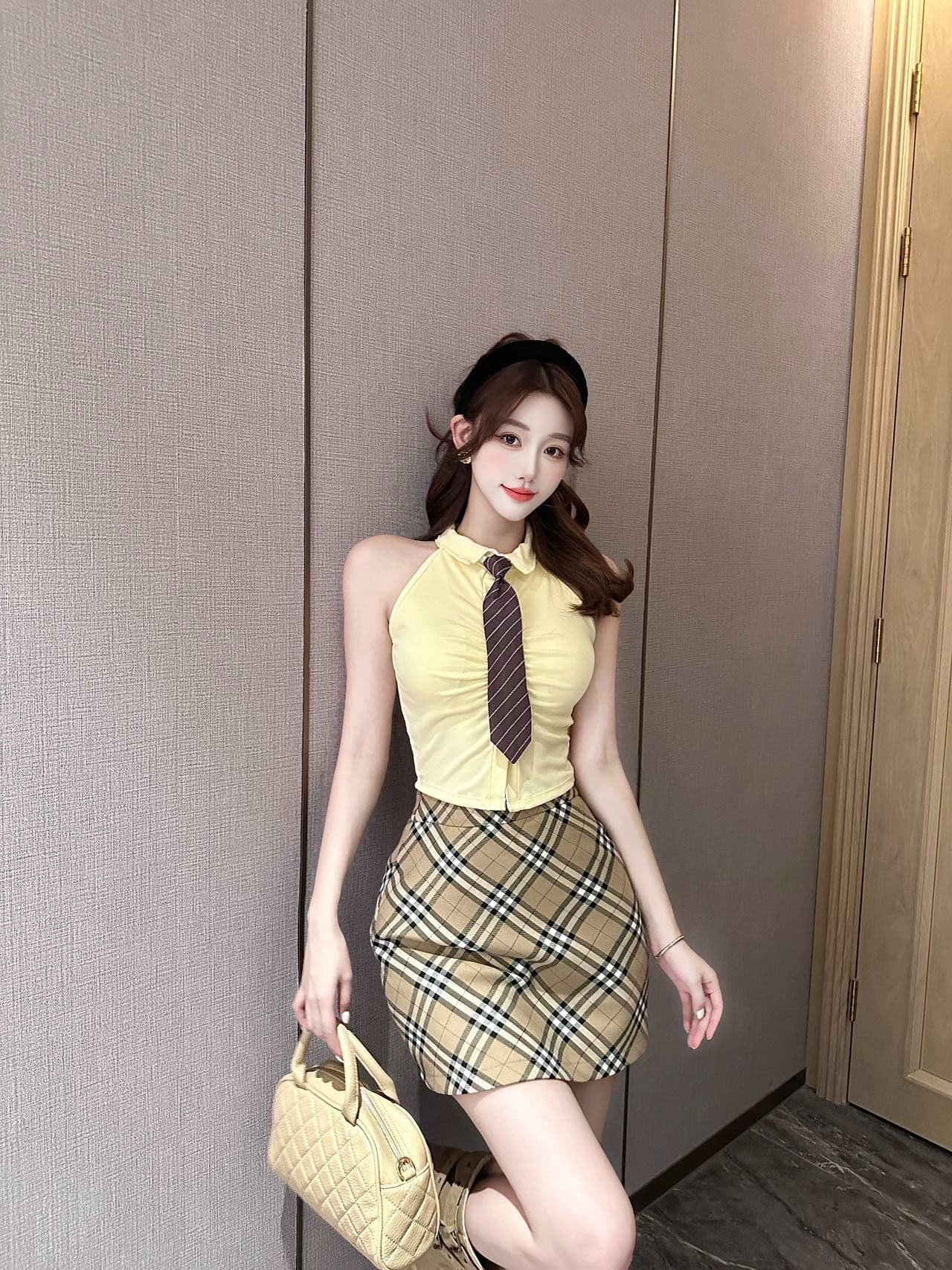 polo 체크무늬 넥타이 조끼 벨트 가슴 패드 학원 스타일 연령 감소 페이크 레이어드 민소매 티셔츠 여성 상세 이미지 12