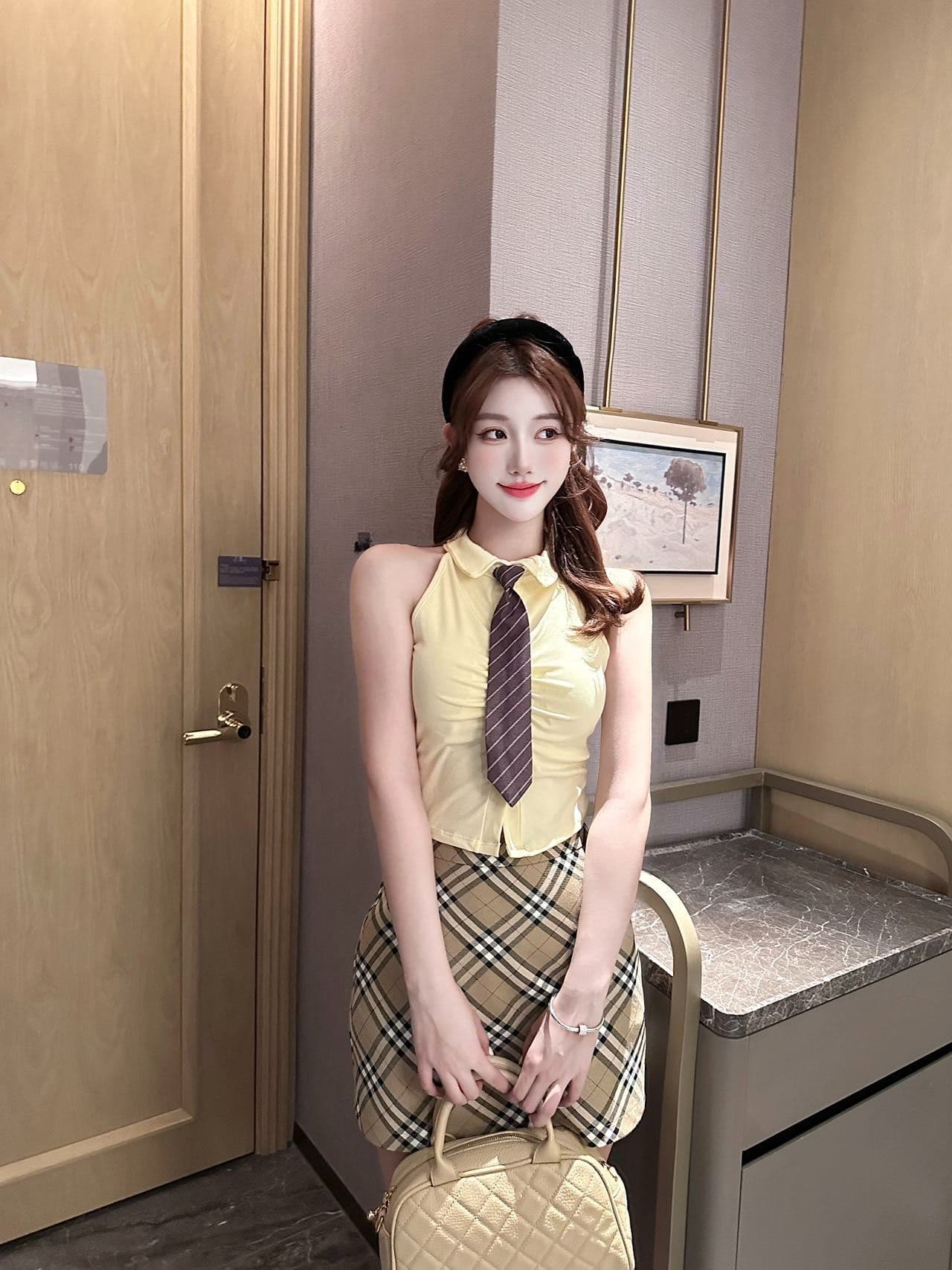 polo 체크무늬 넥타이 조끼 벨트 가슴 패드 학원 스타일 연령 감소 페이크 레이어드 민소매 티셔츠 여성 상세 이미지 13