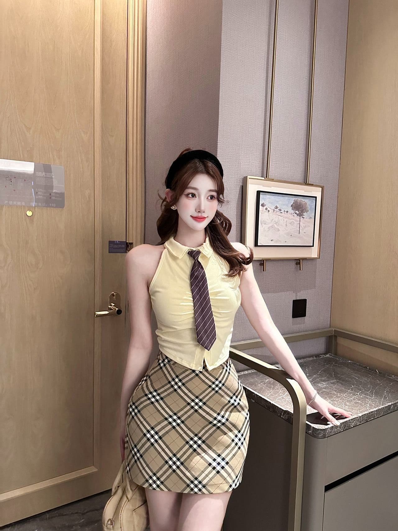 polo 체크무늬 넥타이 조끼 벨트 가슴 패드 학원 스타일 연령 감소 페이크 레이어드 민소매 티셔츠 여성 상세 이미지 14