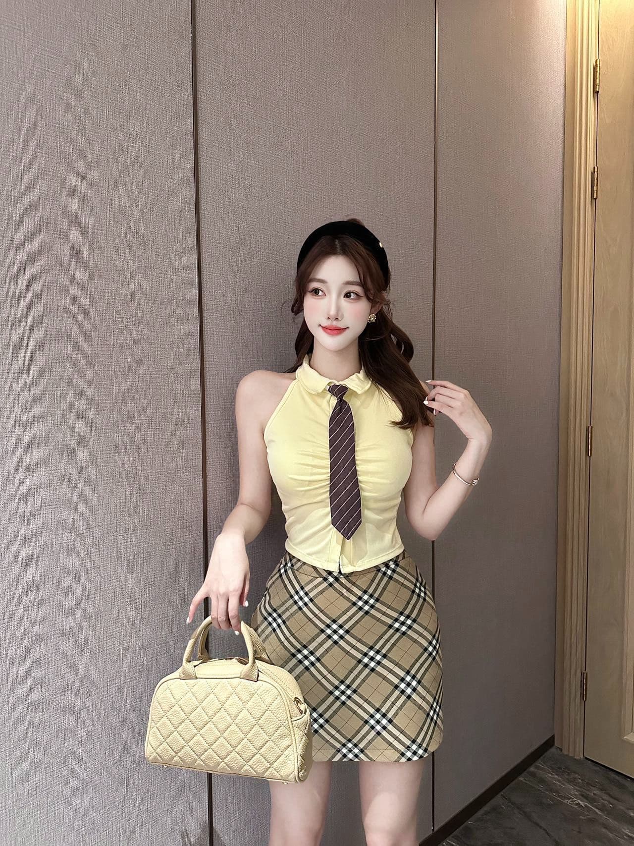 polo 체크무늬 넥타이 조끼 벨트 가슴 패드 학원 스타일 연령 감소 페이크 레이어드 민소매 티셔츠 여성 상세 이미지 15