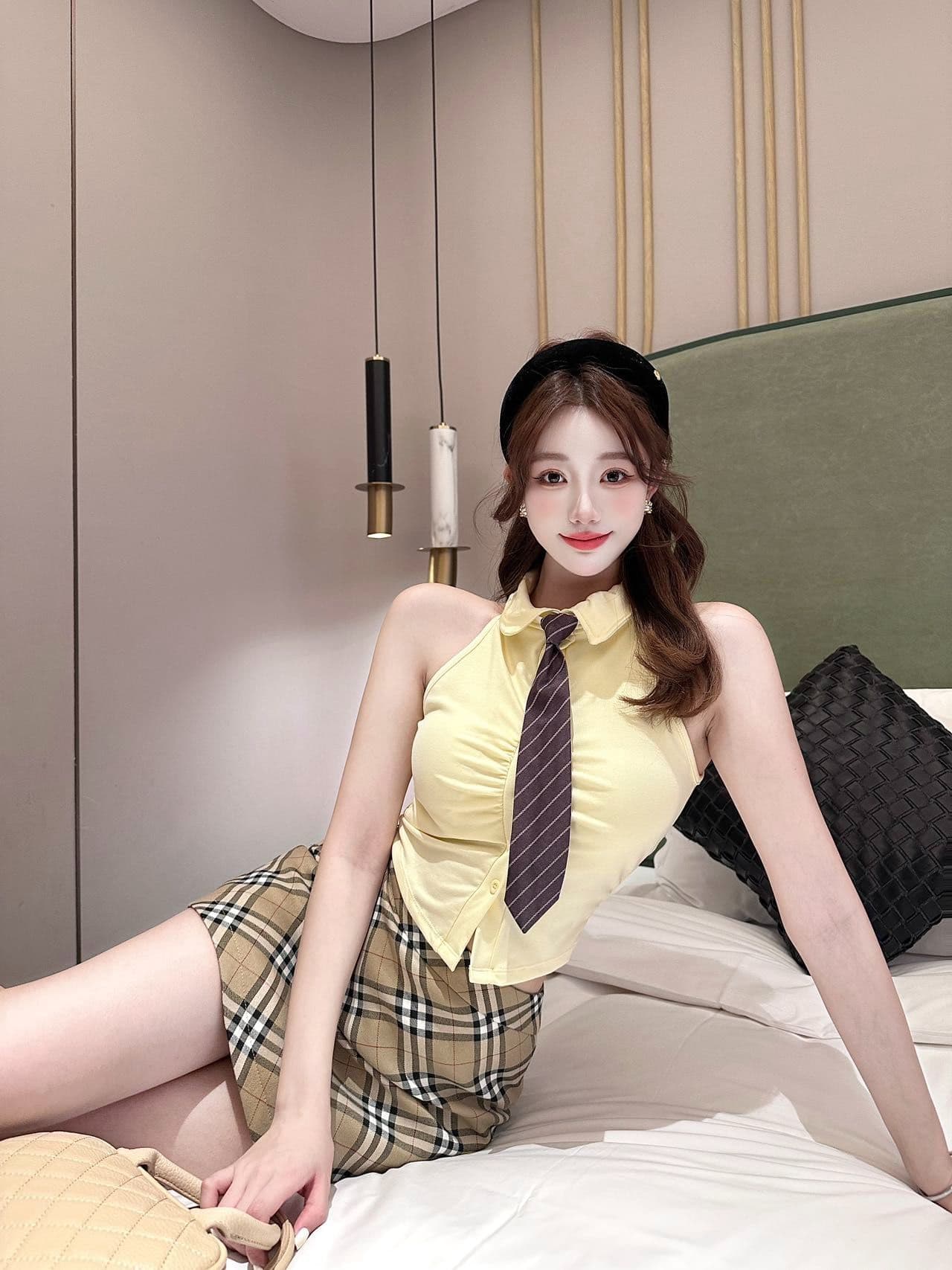 polo 체크무늬 넥타이 조끼 벨트 가슴 패드 학원 스타일 연령 감소 페이크 레이어드 민소매 티셔츠 여성 상세 이미지 16
