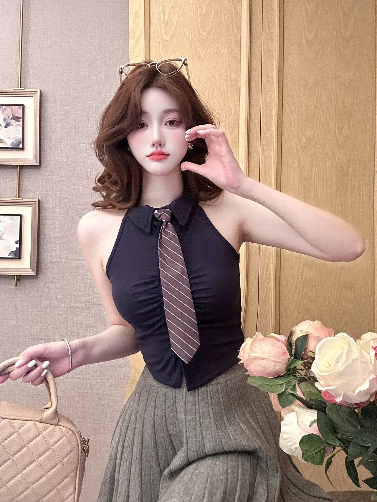 polo 체크무늬 넥타이 조끼 벨트 가슴 패드 학원 스타일 연령 감소 페이크 레이어드 민소매 티셔츠 여성 상세 이미지 17
