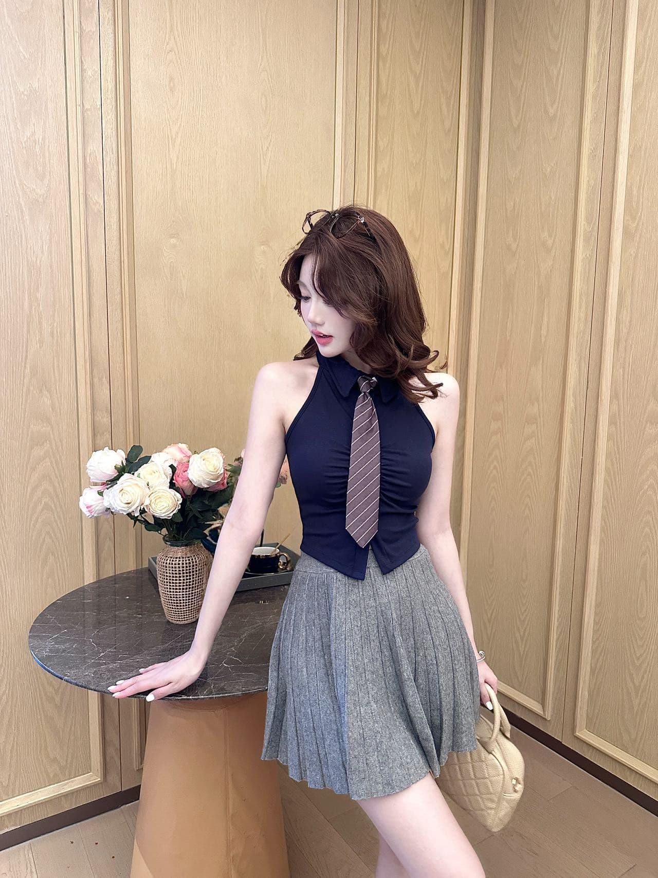 polo 체크무늬 넥타이 조끼 벨트 가슴 패드 학원 스타일 연령 감소 페이크 레이어드 민소매 티셔츠 여성 상세 이미지 19