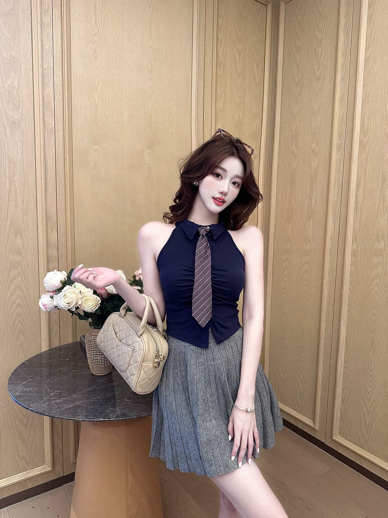 polo 체크무늬 넥타이 조끼 벨트 가슴 패드 학원 스타일 연령 감소 페이크 레이어드 민소매 티셔츠 여성 상세 이미지 20
