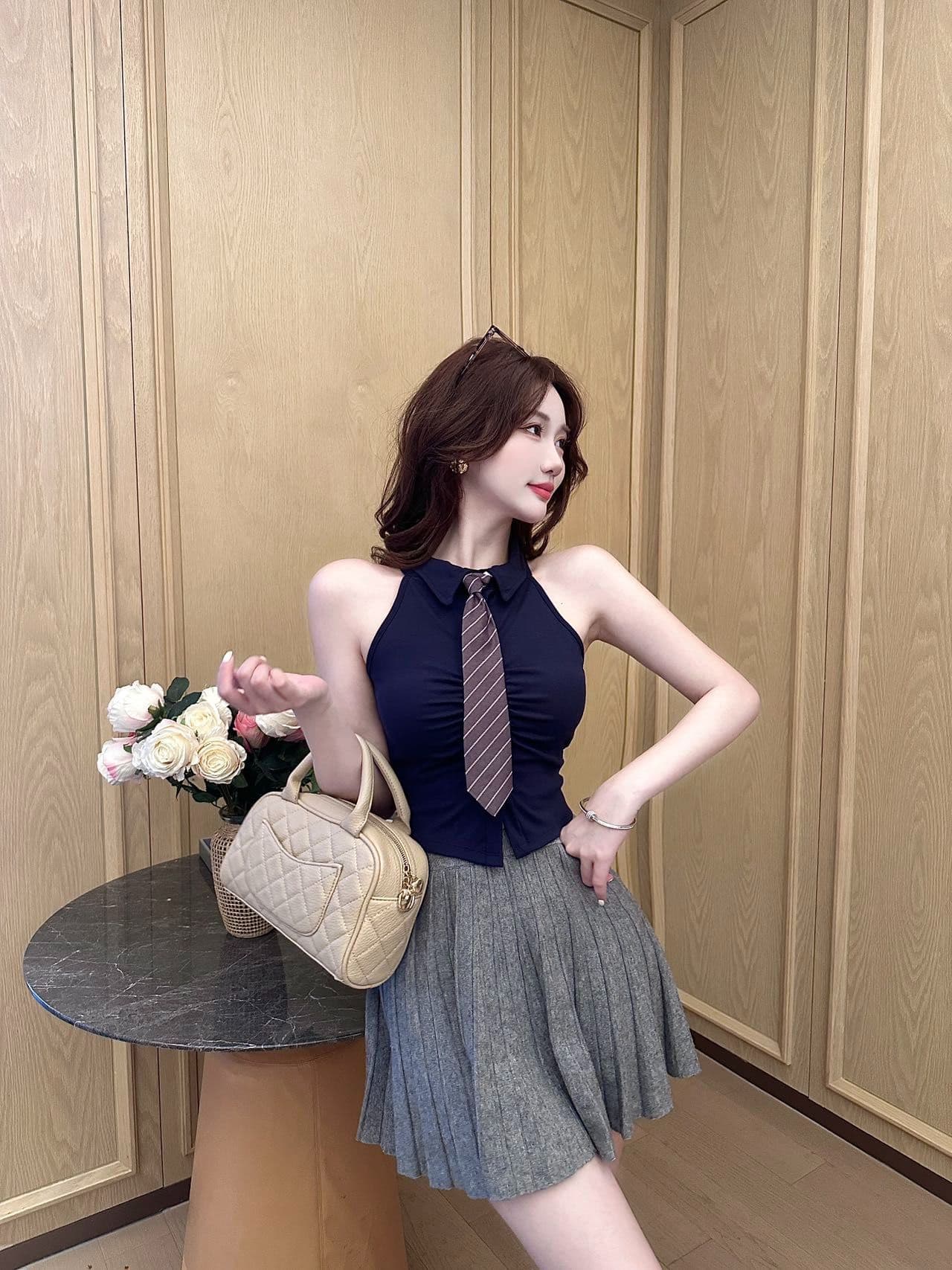 polo 체크무늬 넥타이 조끼 벨트 가슴 패드 학원 스타일 연령 감소 페이크 레이어드 민소매 티셔츠 여성 상세 이미지 21
