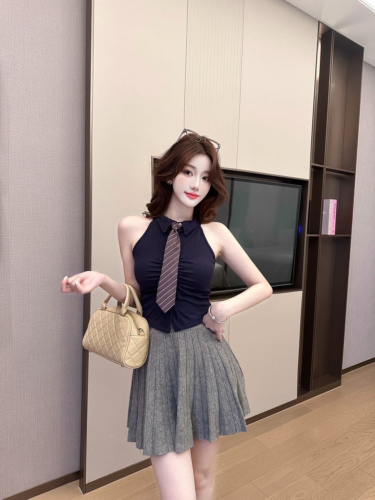 polo 체크무늬 넥타이 조끼 벨트 가슴 패드 학원 스타일 연령 감소 페이크 레이어드 민소매 티셔츠 여성 상세 이미지 22