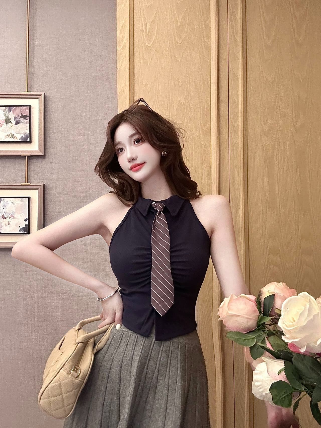 polo 체크무늬 넥타이 조끼 벨트 가슴 패드 학원 스타일 연령 감소 페이크 레이어드 민소매 티셔츠 여성 상세 이미지 23