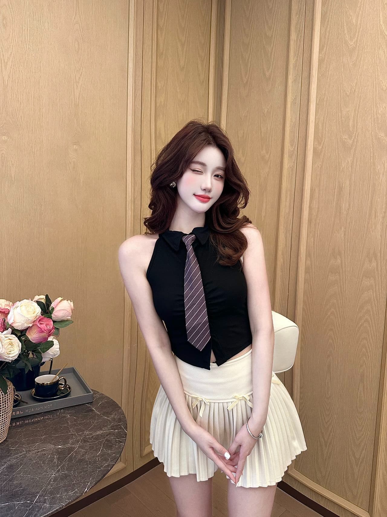 polo 체크무늬 넥타이 조끼 벨트 가슴 패드 학원 스타일 연령 감소 페이크 레이어드 민소매 티셔츠 여성 상세 이미지 24