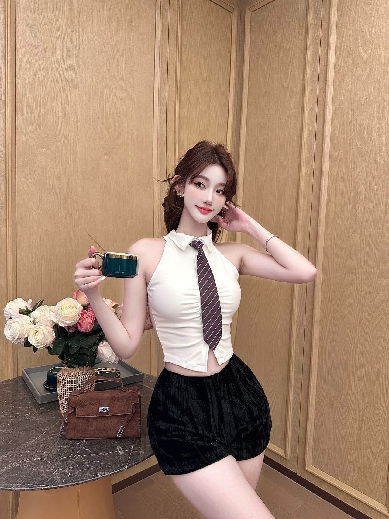 polo 체크무늬 넥타이 조끼 벨트 가슴 패드 학원 스타일 연령 감소 페이크 레이어드 민소매 티셔츠 여성 상세 이미지 27