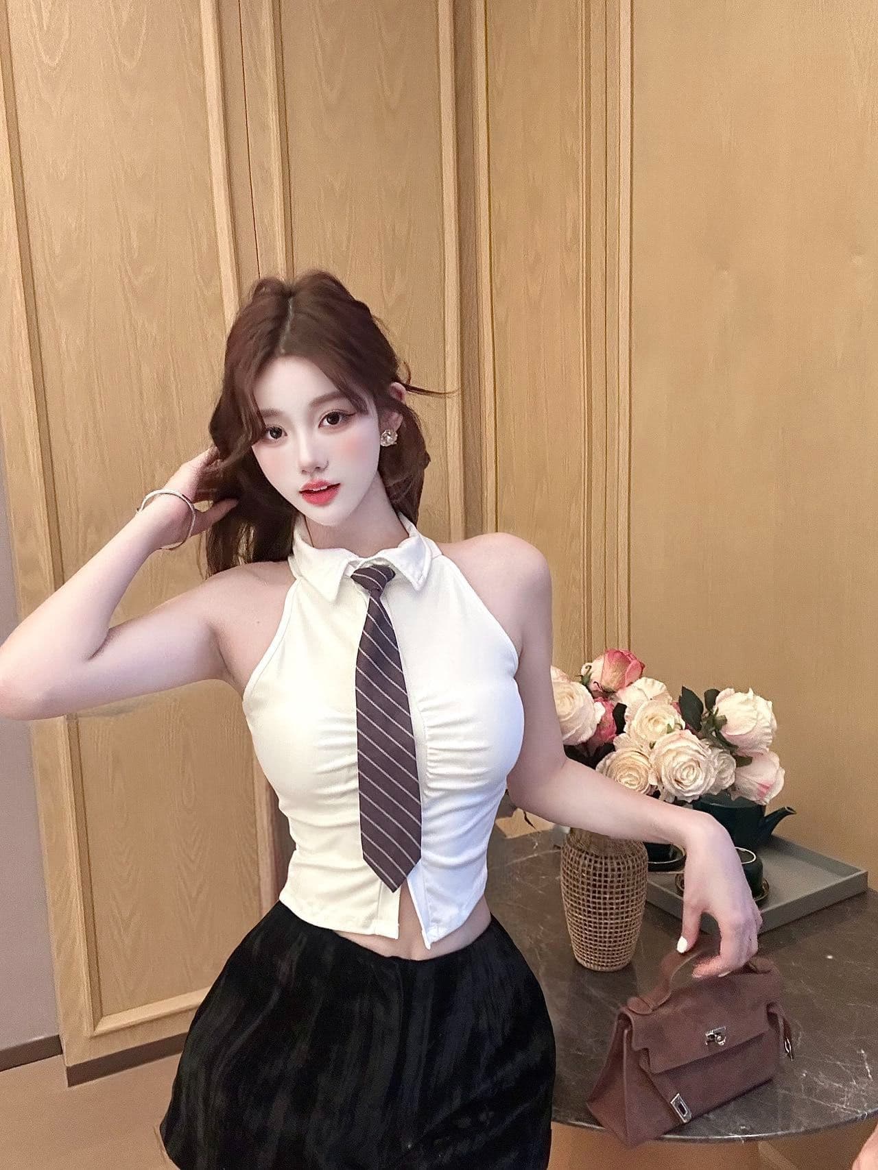 polo 체크무늬 넥타이 조끼 벨트 가슴 패드 학원 스타일 연령 감소 페이크 레이어드 민소매 티셔츠 여성 상세 이미지 29