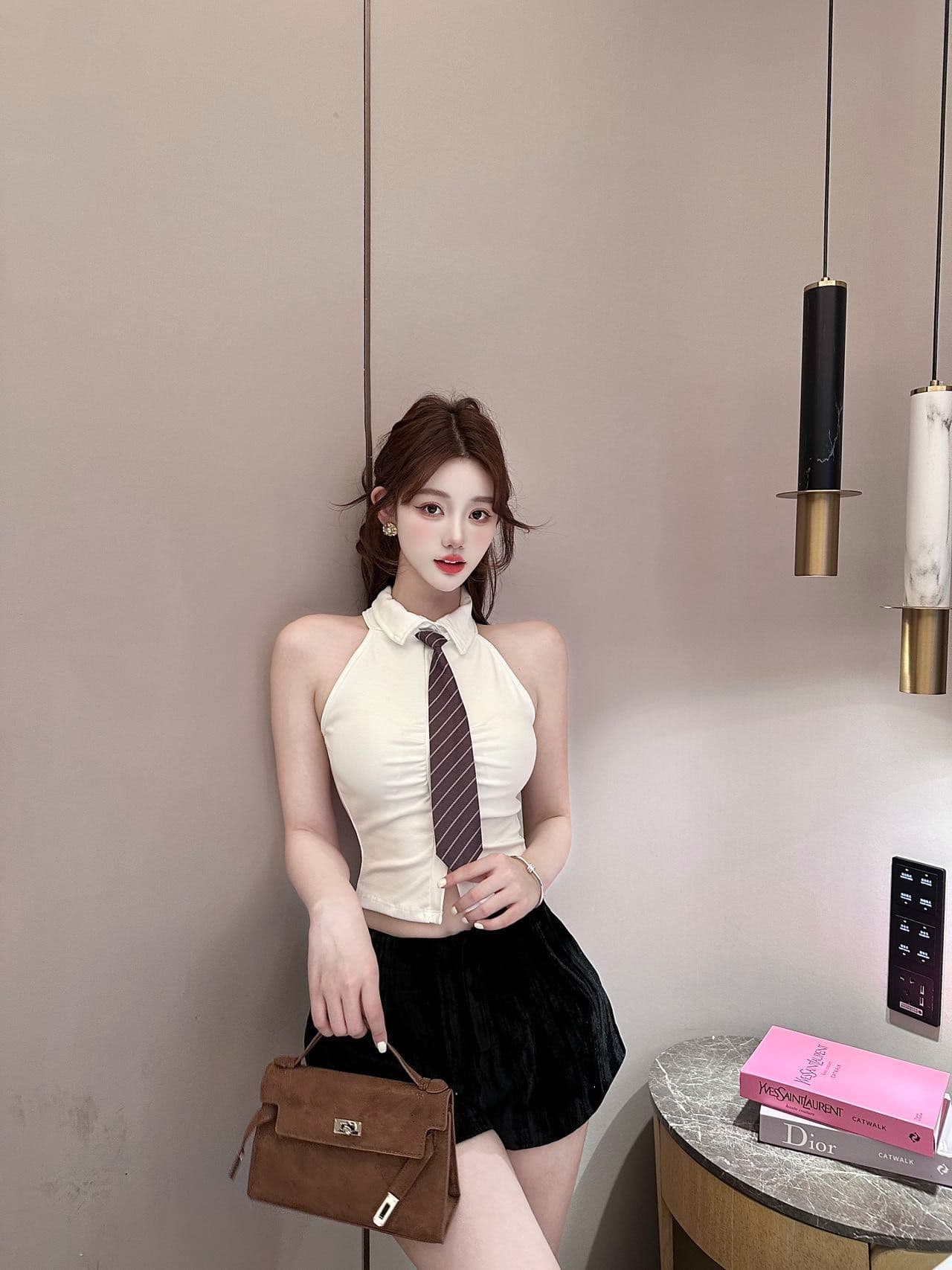 polo 체크무늬 넥타이 조끼 벨트 가슴 패드 학원 스타일 연령 감소 페이크 레이어드 민소매 티셔츠 여성 상세 이미지 31