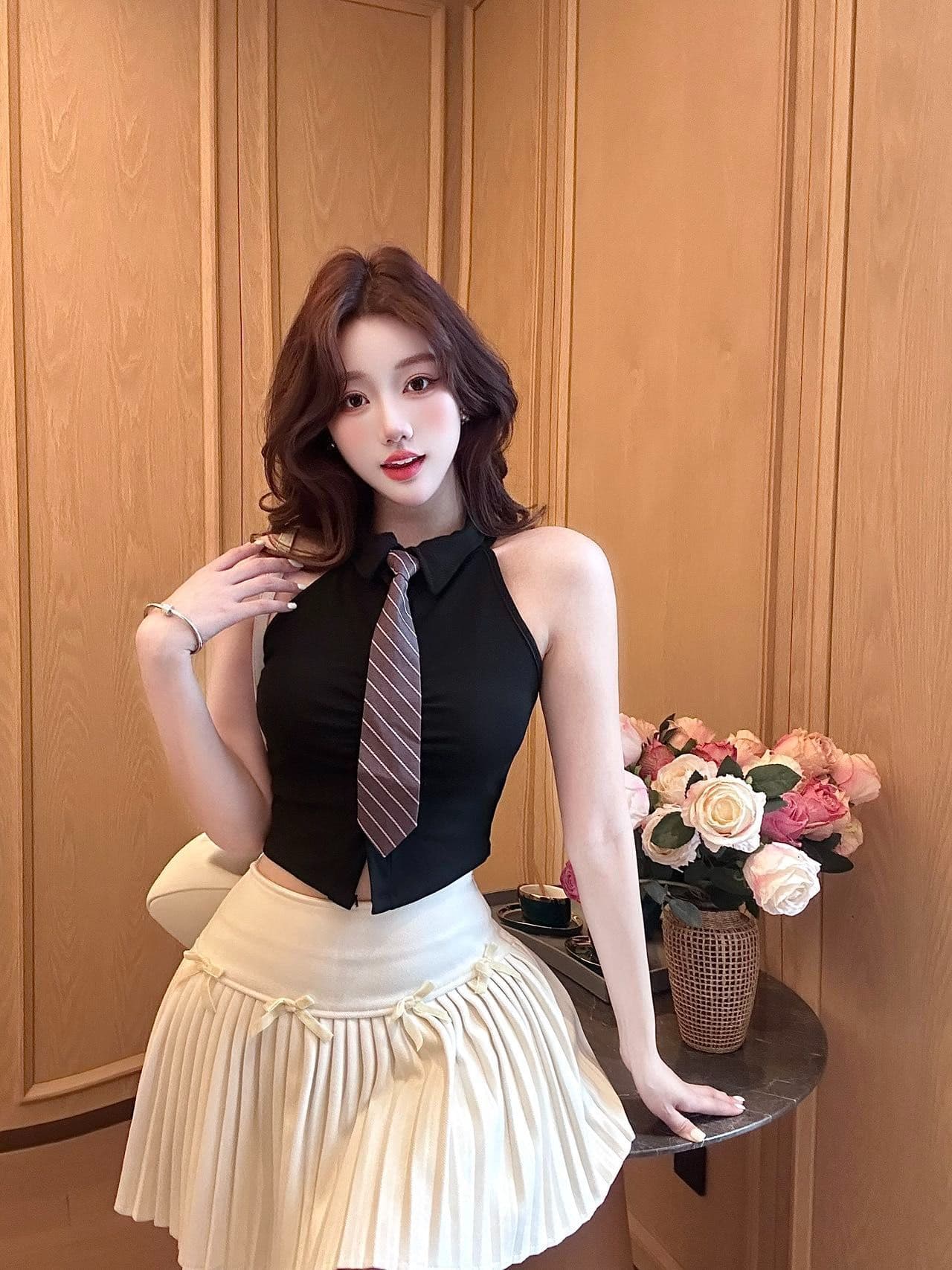 polo 체크무늬 넥타이 조끼 벨트 가슴 패드 학원 스타일 연령 감소 페이크 레이어드 민소매 티셔츠 여성 상세 이미지 32