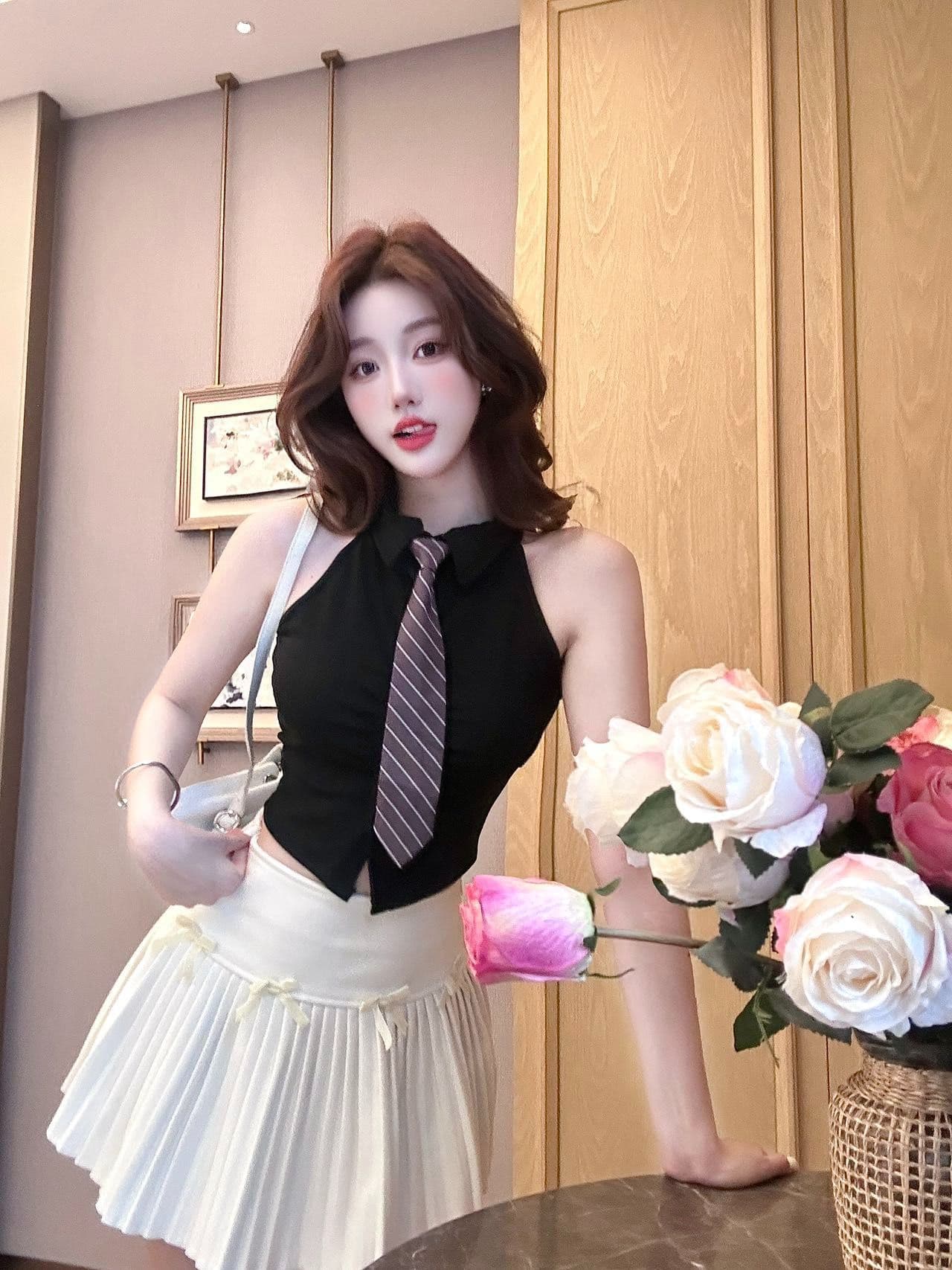 polo 체크무늬 넥타이 조끼 벨트 가슴 패드 학원 스타일 연령 감소 페이크 레이어드 민소매 티셔츠 여성 상세 이미지 33