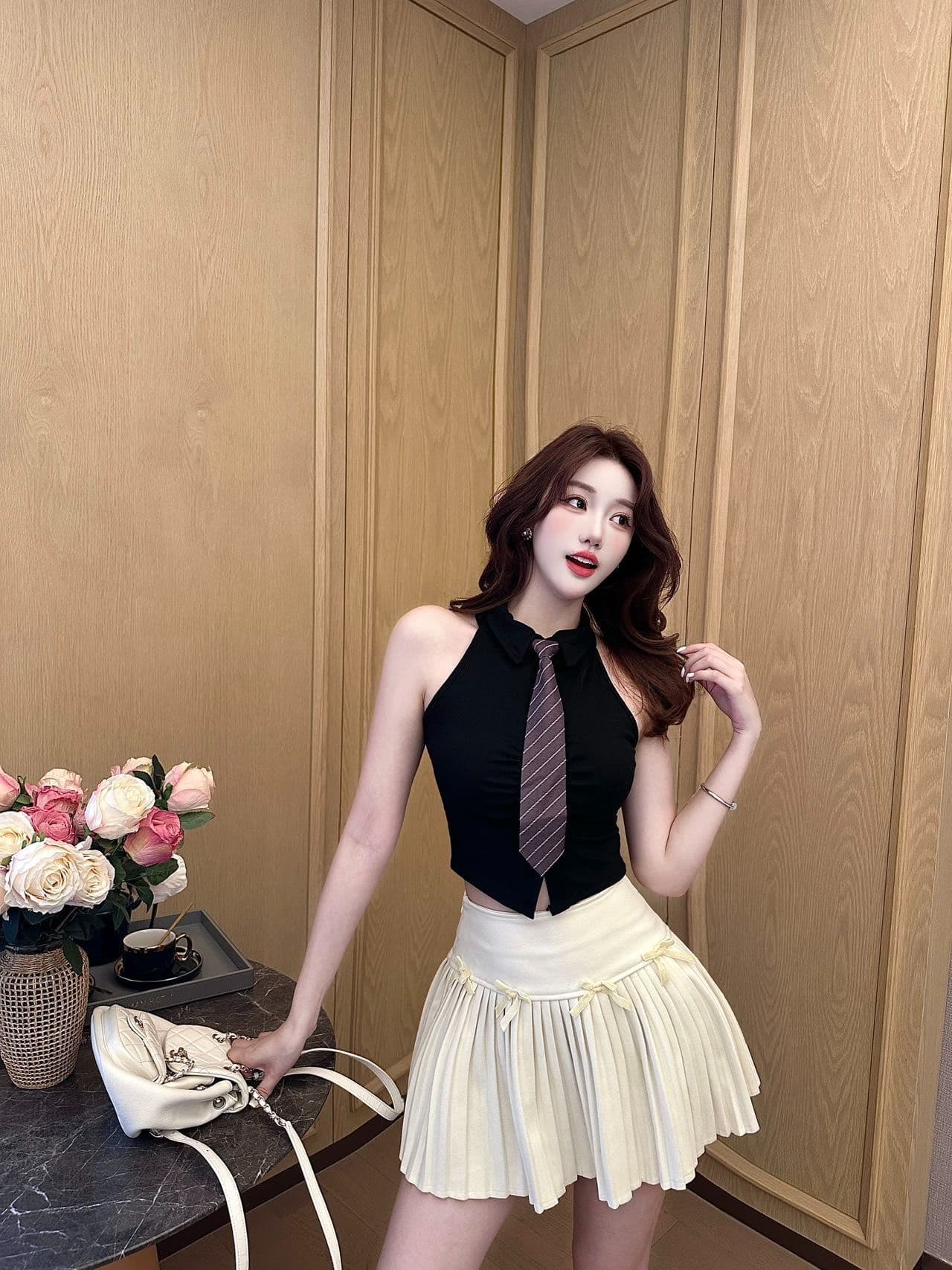 polo 체크무늬 넥타이 조끼 벨트 가슴 패드 학원 스타일 연령 감소 페이크 레이어드 민소매 티셔츠 여성 상세 이미지 34