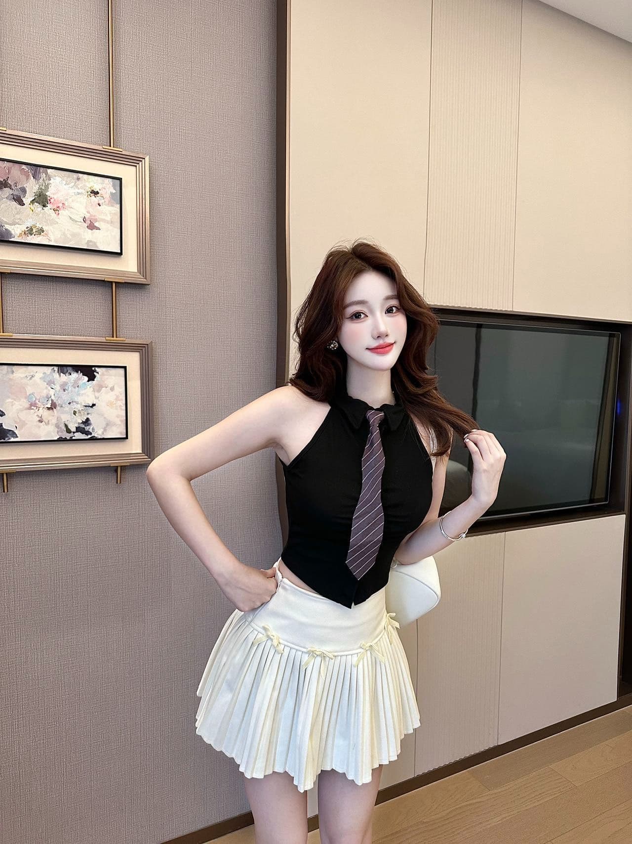 polo 체크무늬 넥타이 조끼 벨트 가슴 패드 학원 스타일 연령 감소 페이크 레이어드 민소매 티셔츠 여성 상세 이미지 36