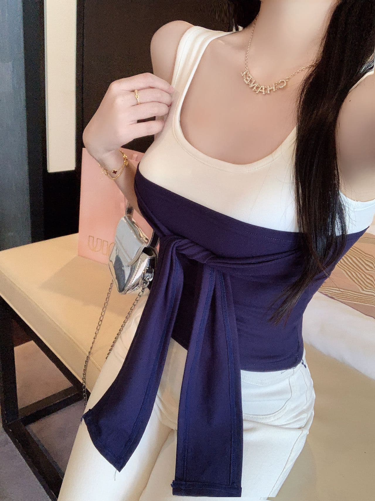 작은 대중 디자인 센스 오프숄더 페이크 레이어드 반팔 티셔츠 여성 여름 레이스업 몸매 가꾸기 슬림해 보이는 쇼트 스타일 맨위 상세 이미지 6