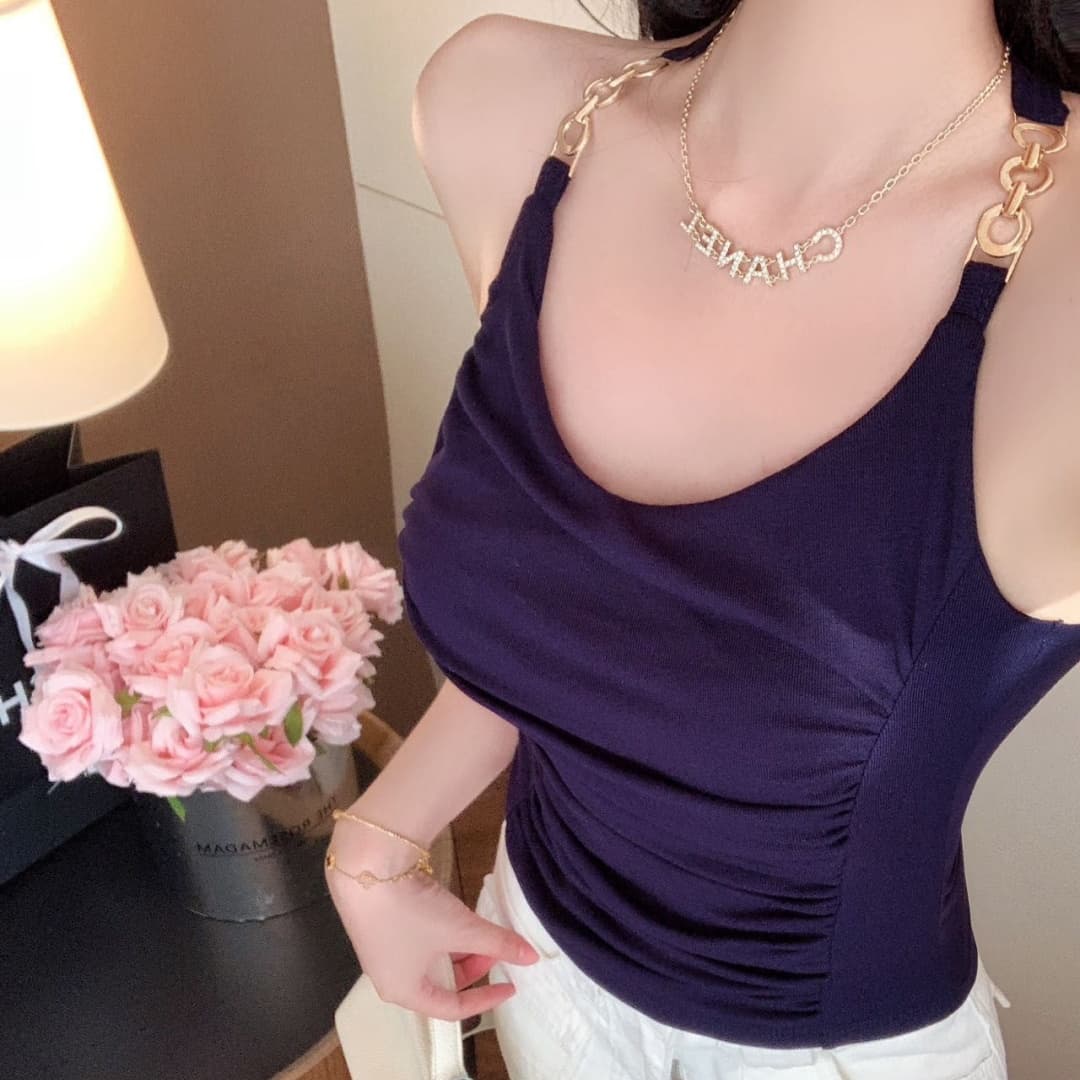 숙녀 체인 행침 목 벨트 가슴 패드 캐미솔 아름다움 뒤로 주름 허리 수축 디자인 센스 맨위 이미지 4