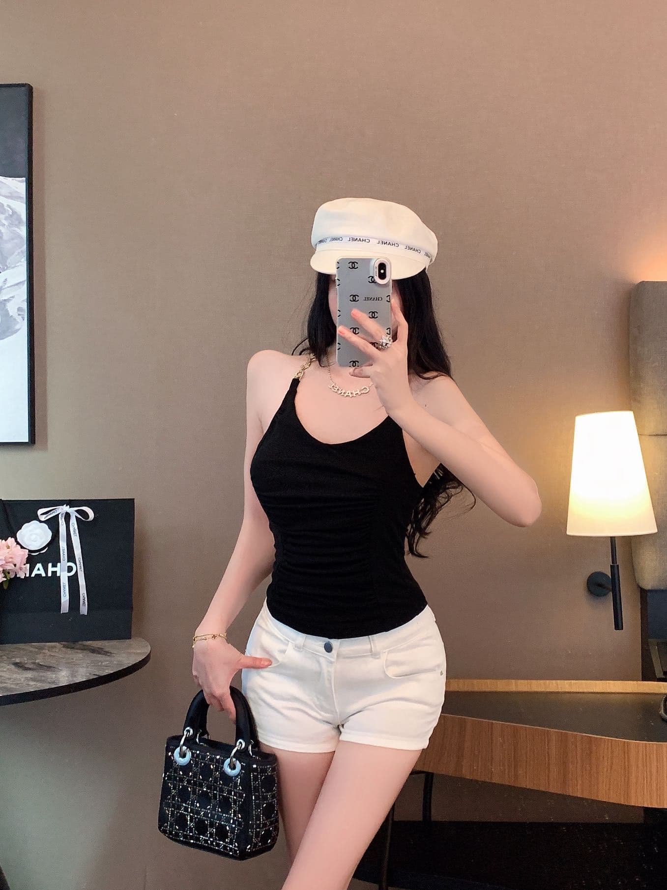 숙녀 체인 행침 목 벨트 가슴 패드 캐미솔 아름다움 뒤로 주름 허리 수축 디자인 센스 맨위 상세 이미지 2