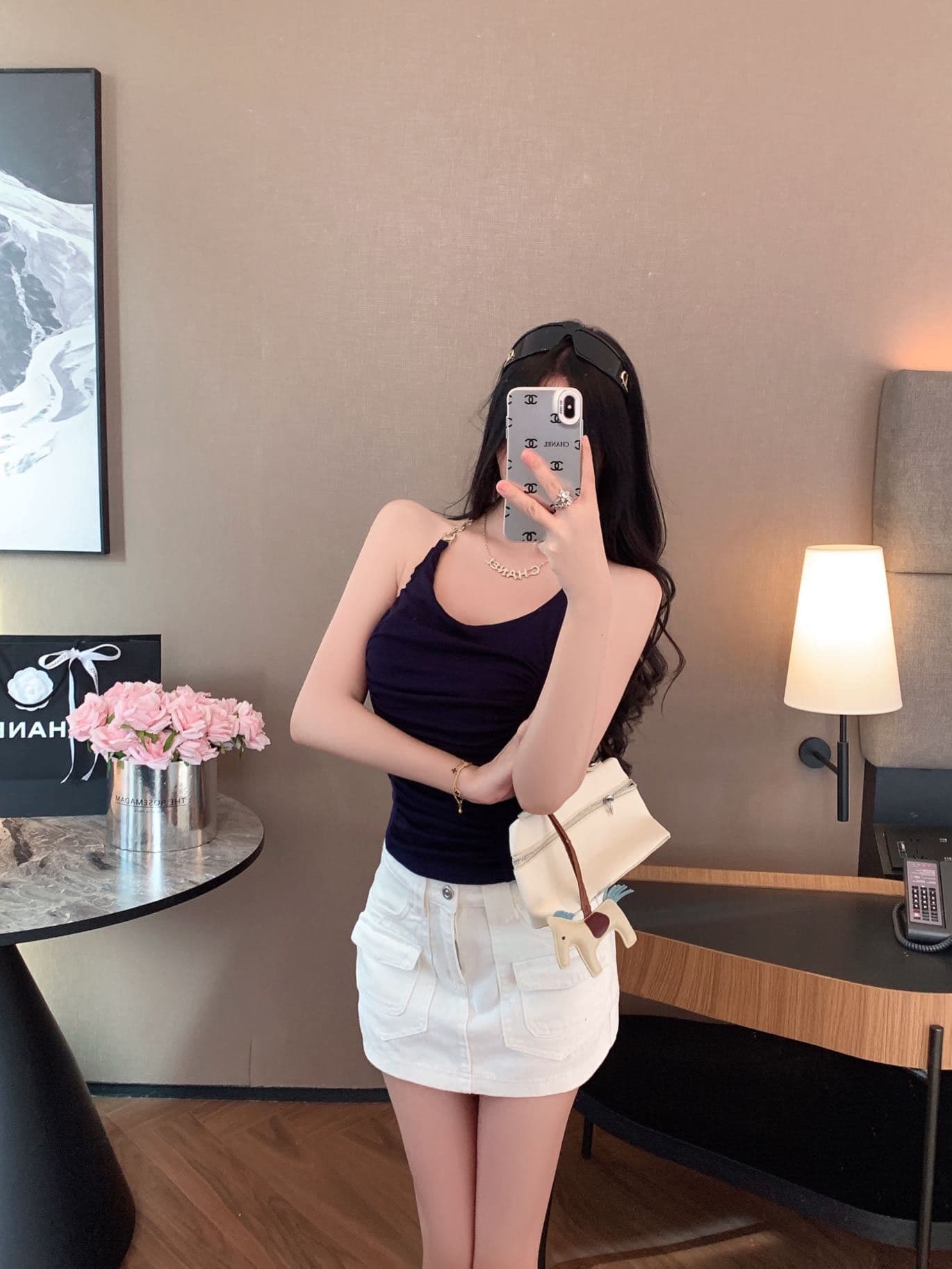 숙녀 체인 행침 목 벨트 가슴 패드 캐미솔 아름다움 뒤로 주름 허리 수축 디자인 센스 맨위 상세 이미지 4