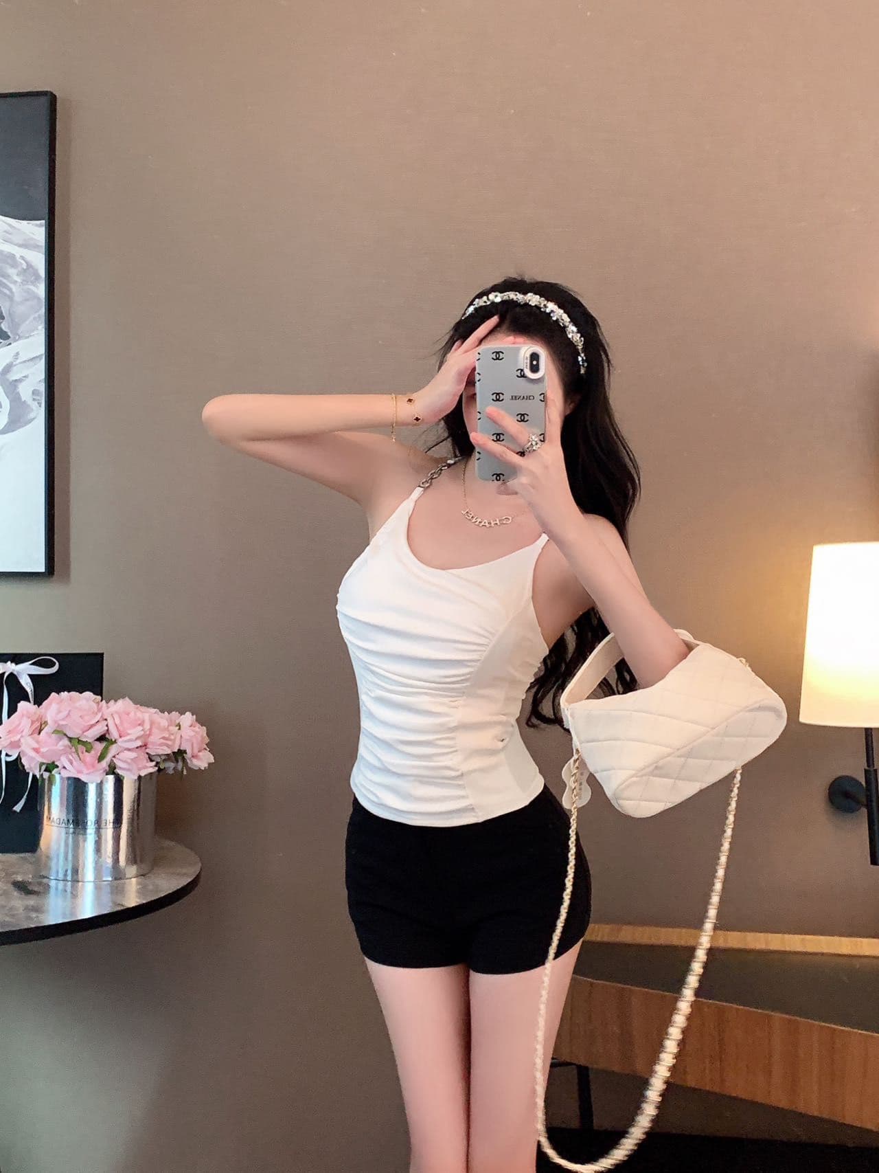 숙녀 체인 행침 목 벨트 가슴 패드 캐미솔 아름다움 뒤로 주름 허리 수축 디자인 센스 맨위 상세 이미지 8