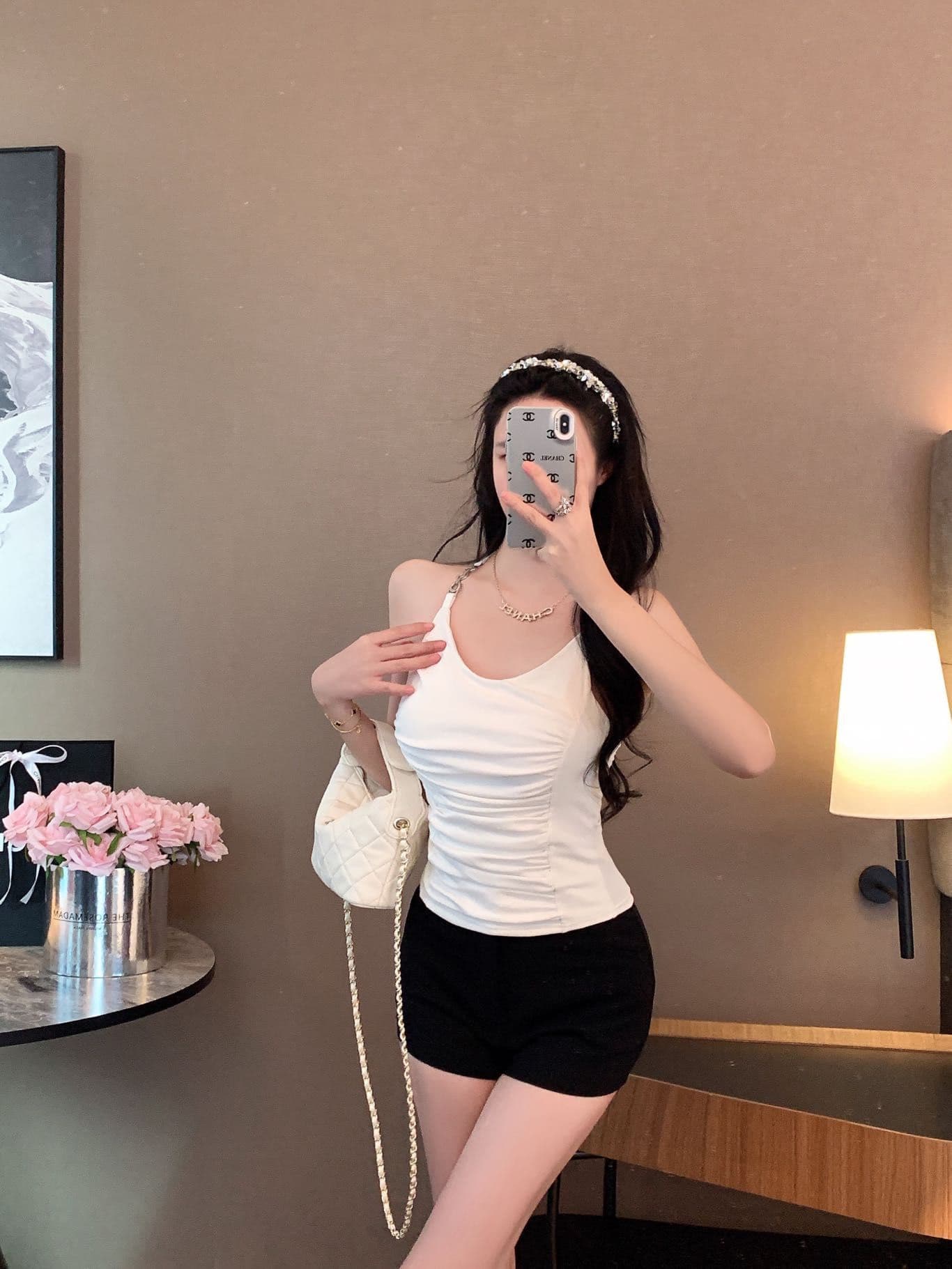 숙녀 체인 행침 목 벨트 가슴 패드 캐미솔 아름다움 뒤로 주름 허리 수축 디자인 센스 맨위 상세 이미지 10