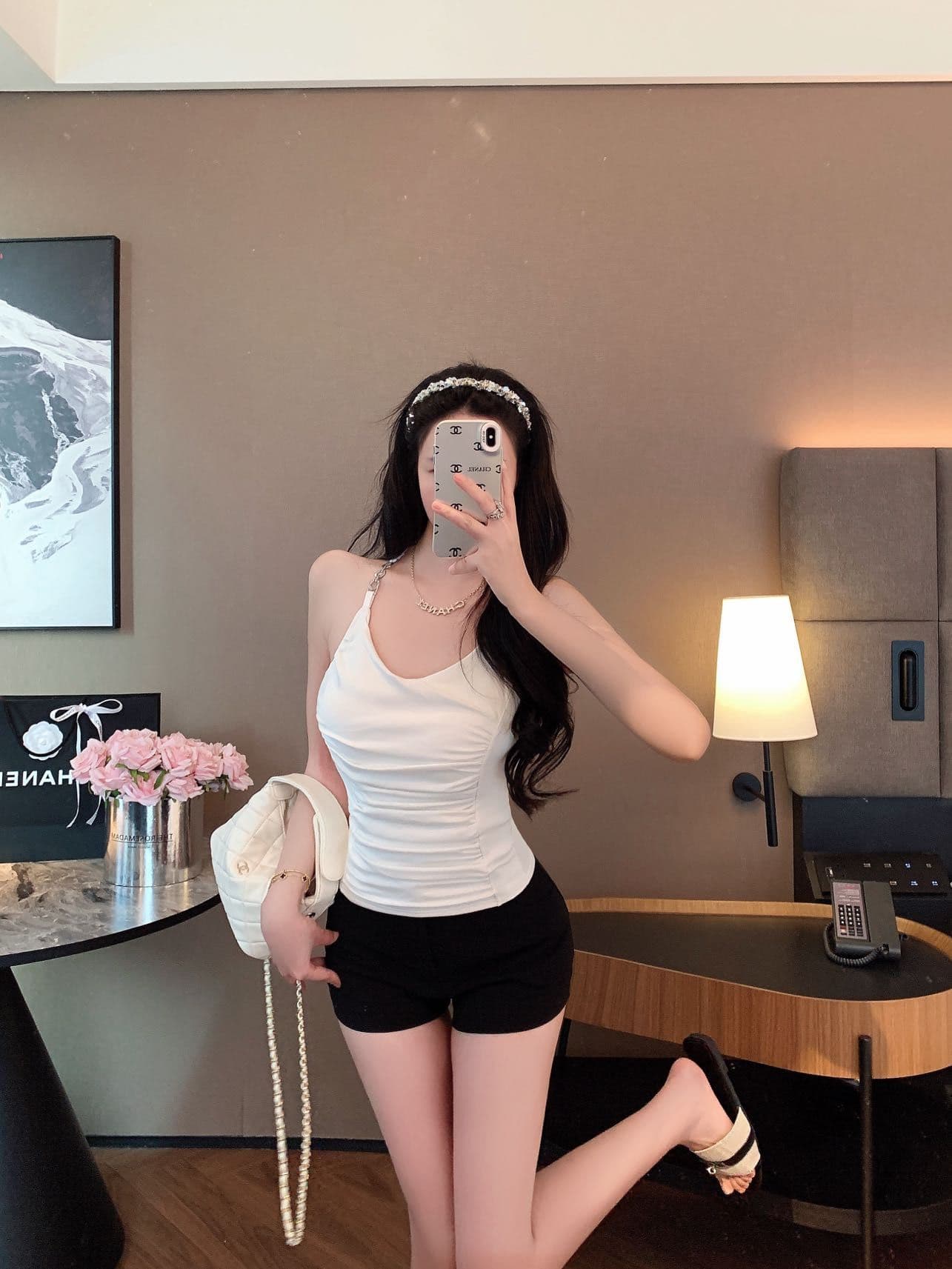 숙녀 체인 행침 목 벨트 가슴 패드 캐미솔 아름다움 뒤로 주름 허리 수축 디자인 센스 맨위 상세 이미지 11