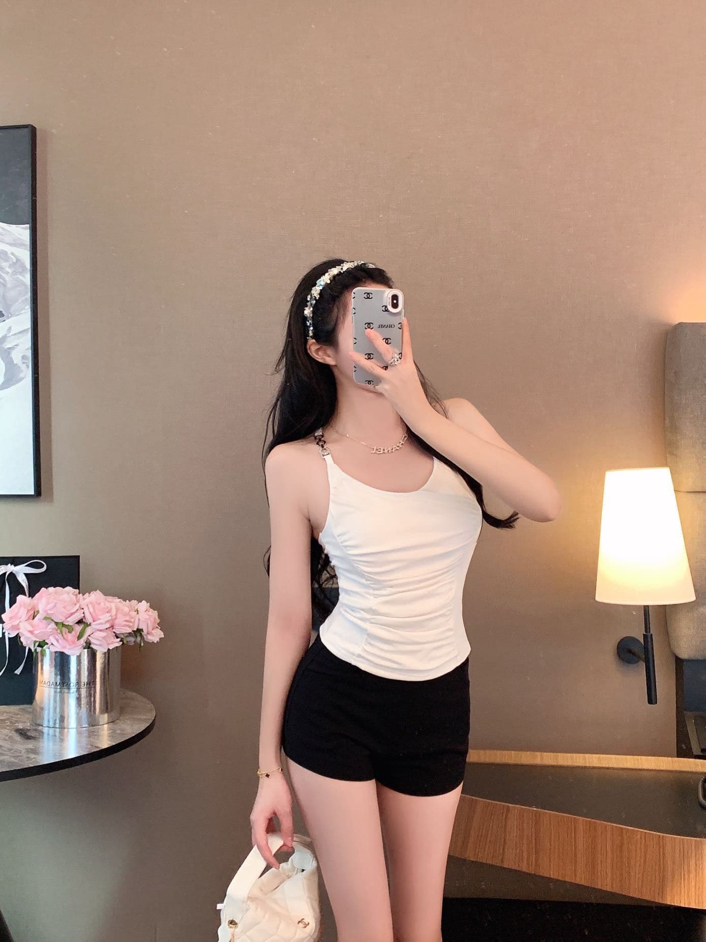 숙녀 체인 행침 목 벨트 가슴 패드 캐미솔 아름다움 뒤로 주름 허리 수축 디자인 센스 맨위 상세 이미지 12