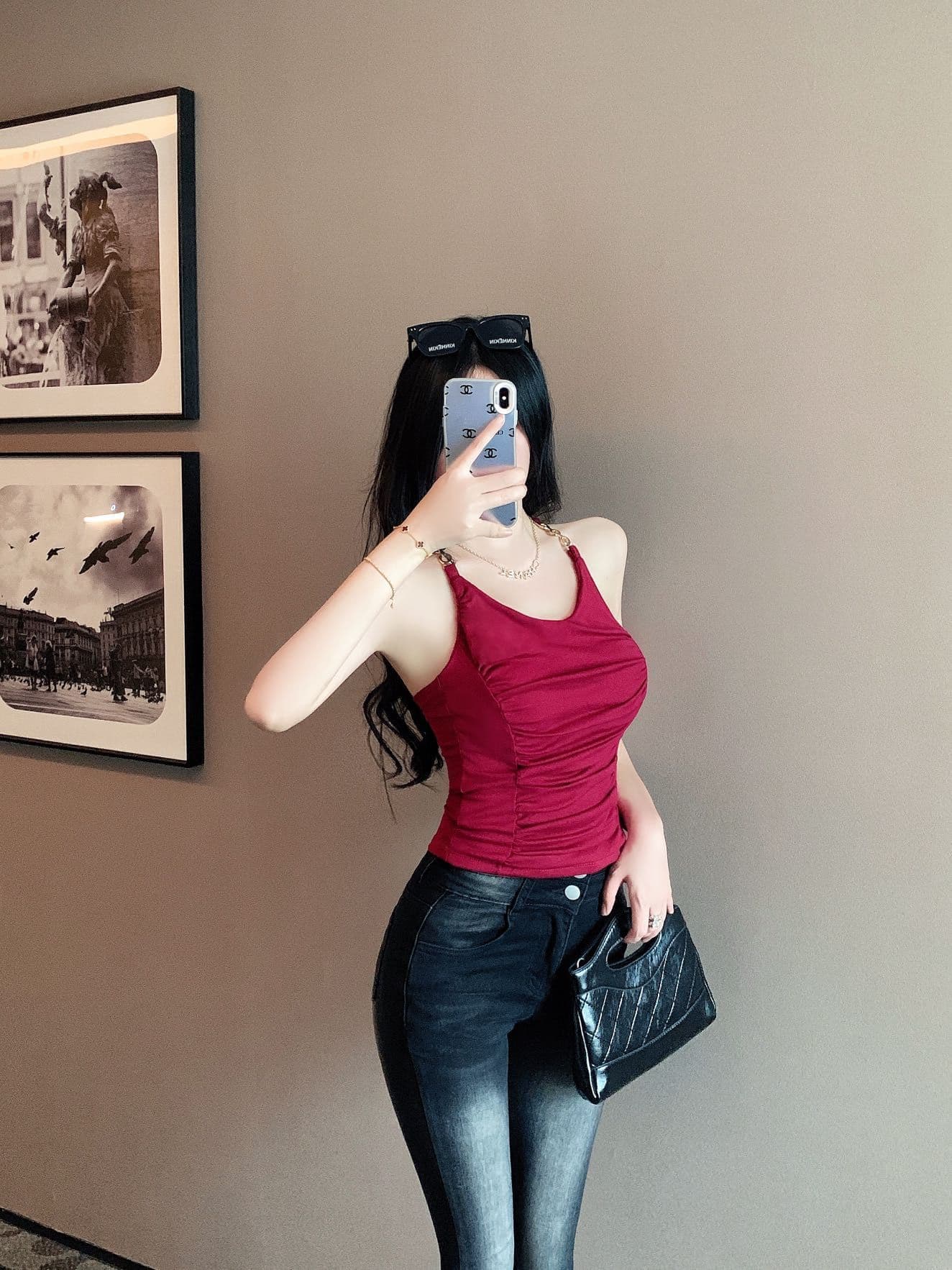 숙녀 체인 행침 목 벨트 가슴 패드 캐미솔 아름다움 뒤로 주름 허리 수축 디자인 센스 맨위 상세 이미지 13