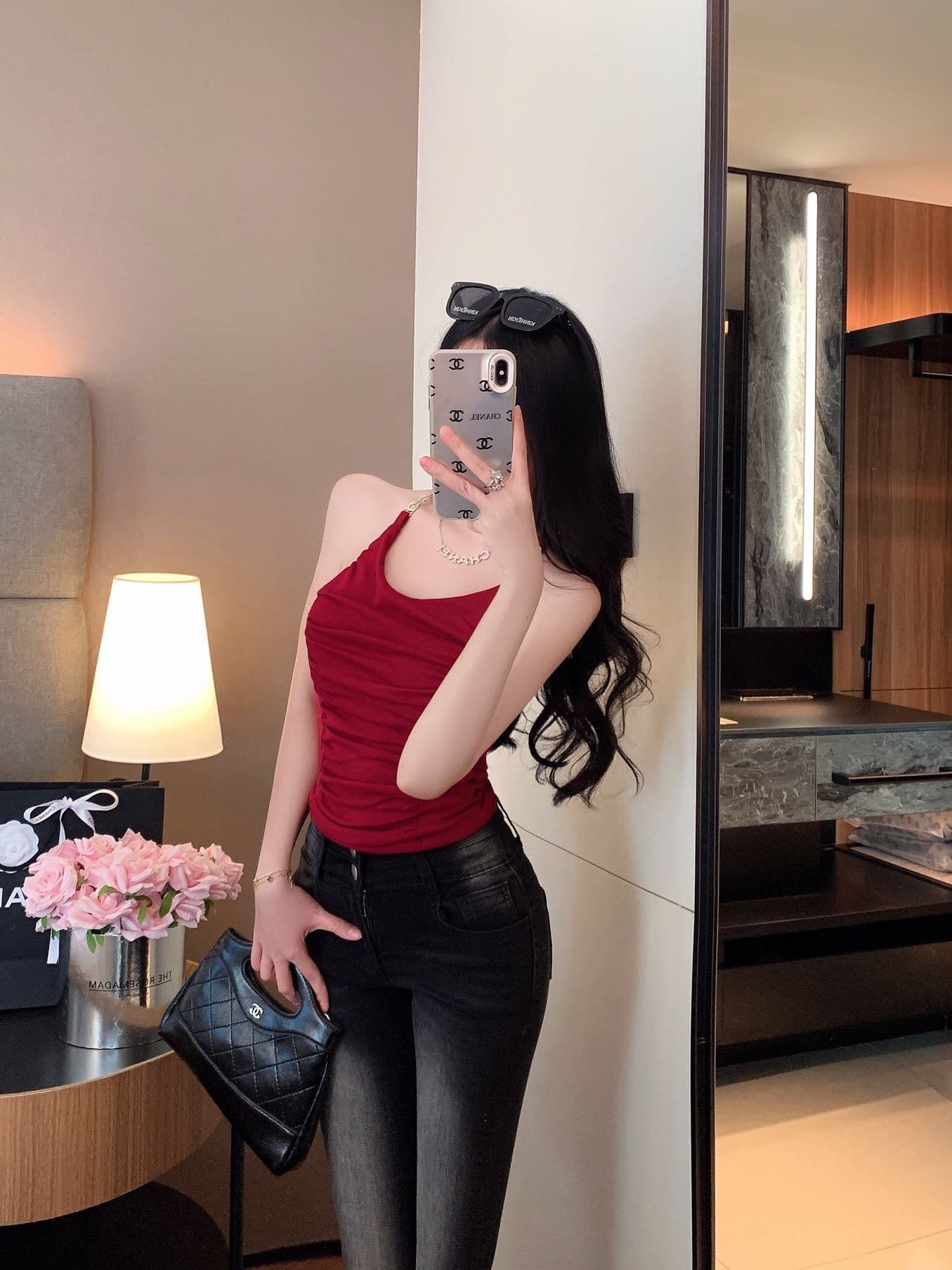 숙녀 체인 행침 목 벨트 가슴 패드 캐미솔 아름다움 뒤로 주름 허리 수축 디자인 센스 맨위 상세 이미지 18