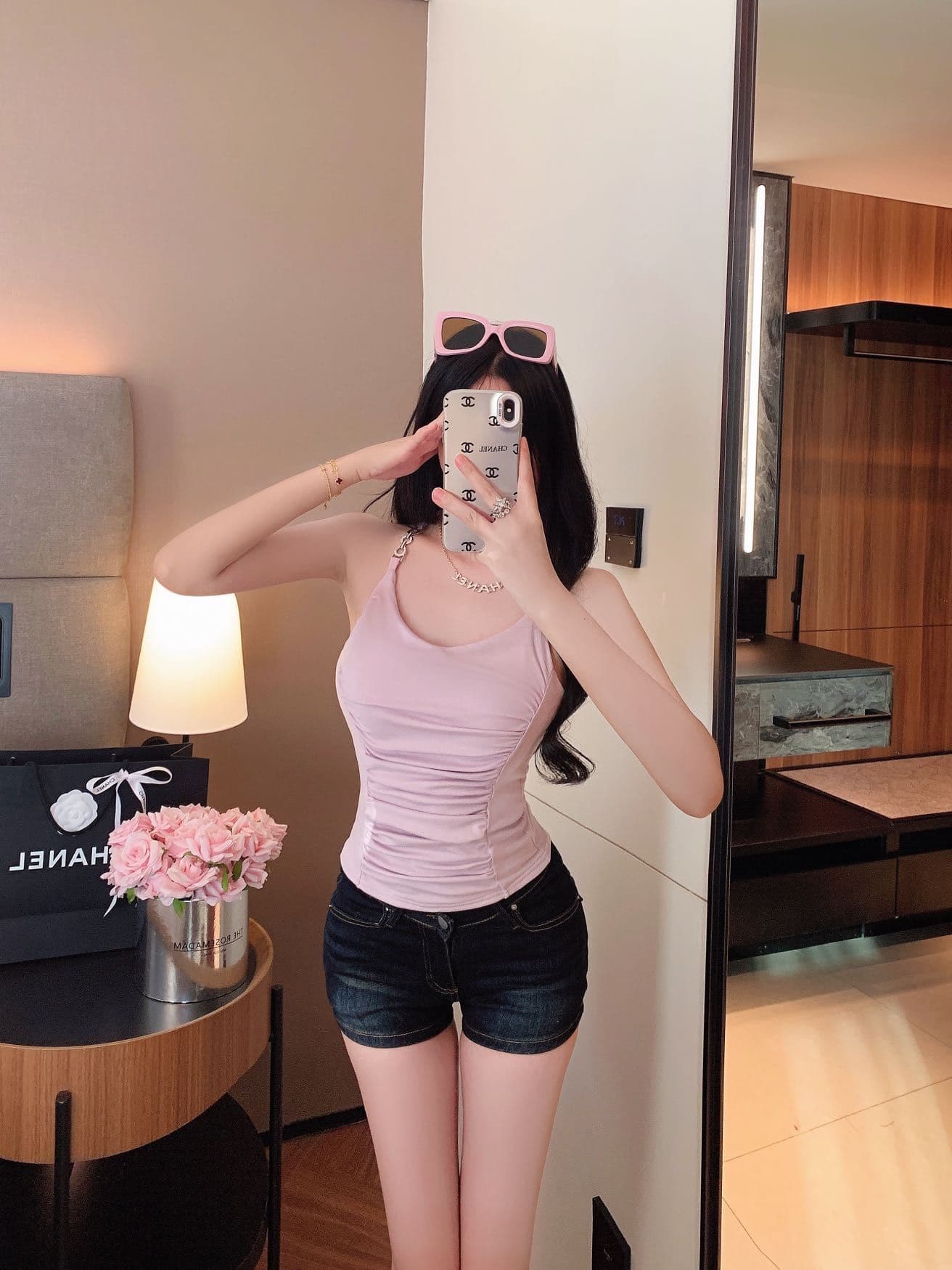 숙녀 체인 행침 목 벨트 가슴 패드 캐미솔 아름다움 뒤로 주름 허리 수축 디자인 센스 맨위 상세 이미지 19