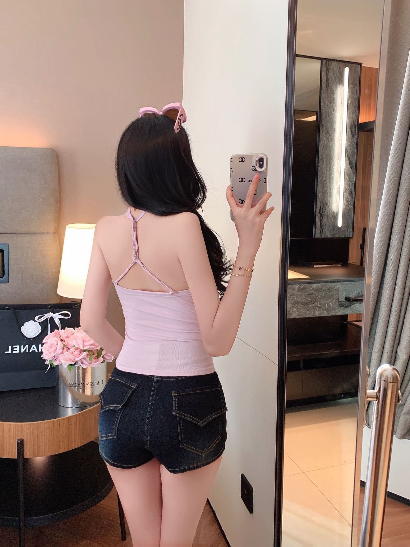숙녀 체인 행침 목 벨트 가슴 패드 캐미솔 아름다움 뒤로 주름 허리 수축 디자인 센스 맨위 상세 이미지 20