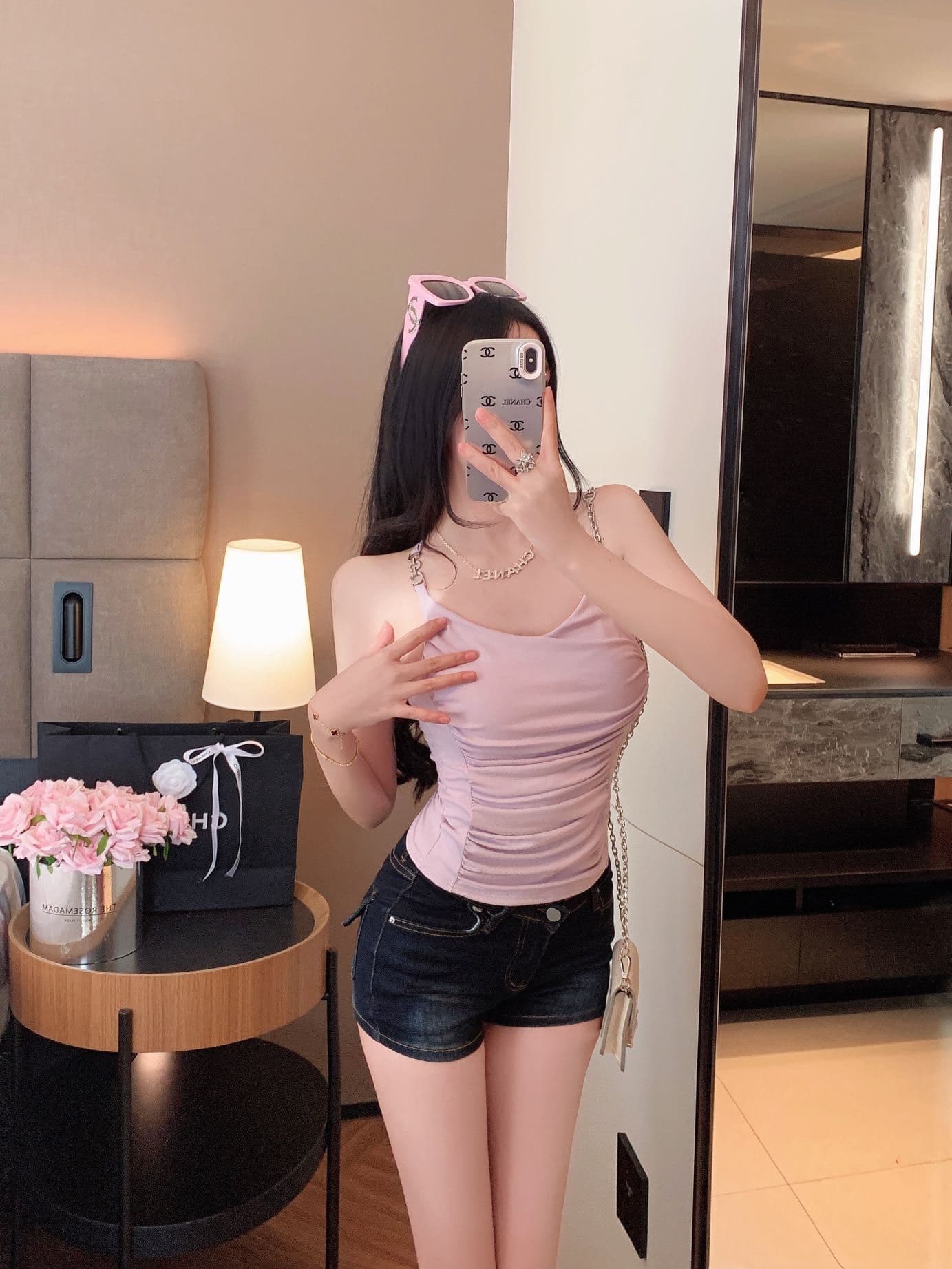 숙녀 체인 행침 목 벨트 가슴 패드 캐미솔 아름다움 뒤로 주름 허리 수축 디자인 센스 맨위 상세 이미지 22